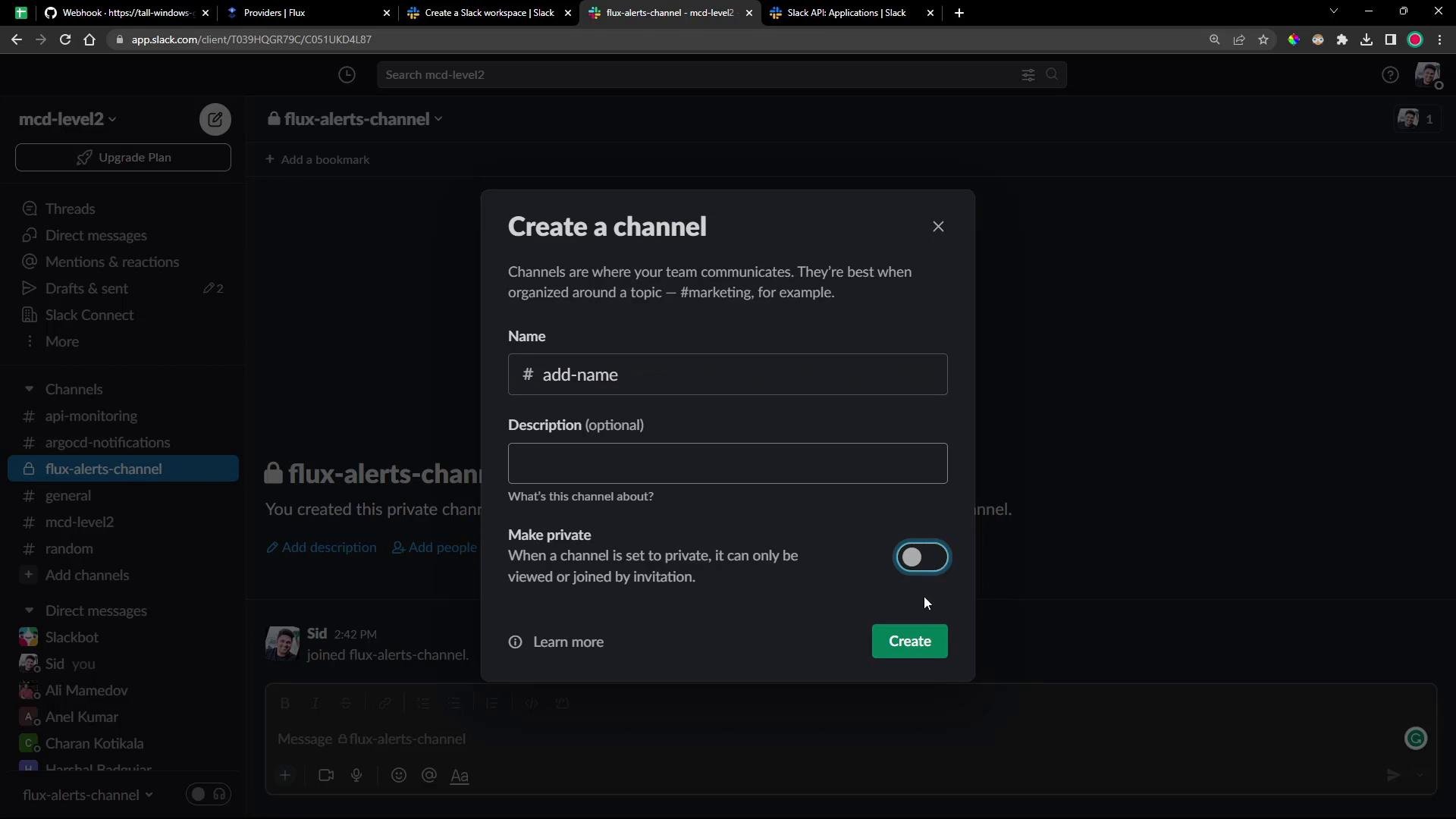 A dark-themed Slack workspace screenshot with the "Create a channel" dialog open in the center, showing fields for channel name, description, a private toggle, and a Create button while the "flux-alerts-channel" is selected in the sidebar.