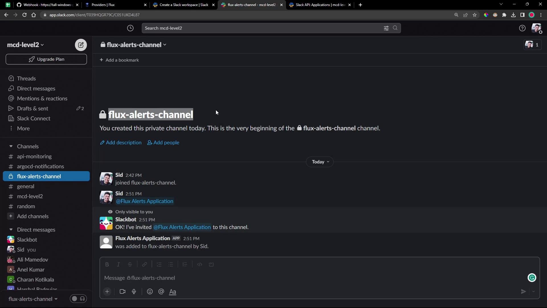 A screenshot of a Slack workspace in dark mode open to a private channel named "flux-alerts-channel," showing the left channel list and recent message activity in the main pane. The message composer is visible at the bottom.