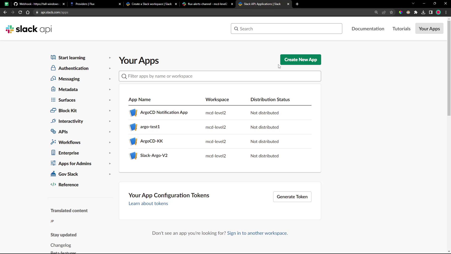 A screenshot of the Slack API "Your Apps" dashboard showing a list of Slack apps and a prominent "Create New App" button. The app list includes entries like "ArgoCD Notification App," "argo-test1," "ArgoCD-KK," and "Slack-Argo-V2" for the mcd-level2 workspace.