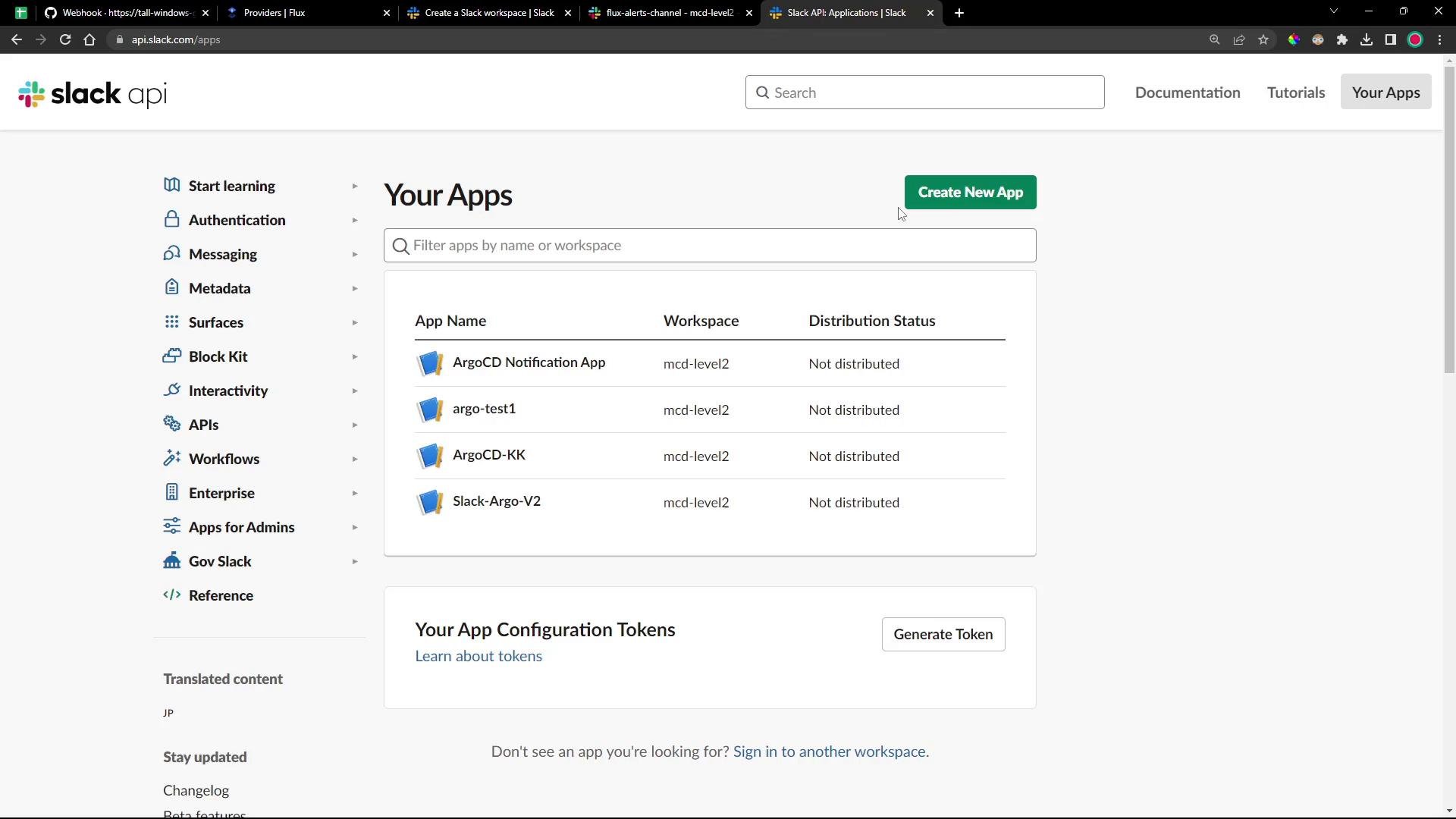 A screenshot of the Slack API "Your Apps" dashboard showing a list of Slack apps and a prominent "Create New App" button. The app list includes entries like "ArgoCD Notification App," "argo-test1," "ArgoCD-KK," and "Slack-Argo-V2" for the mcd-level2 workspace.