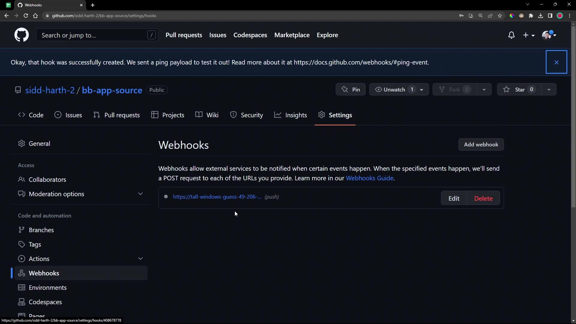 A dark-themed GitHub repository settings page showing the "Webhooks" section, with a banner saying a hook was successfully created. One webhook URL is listed with Edit and Delete buttons visible.