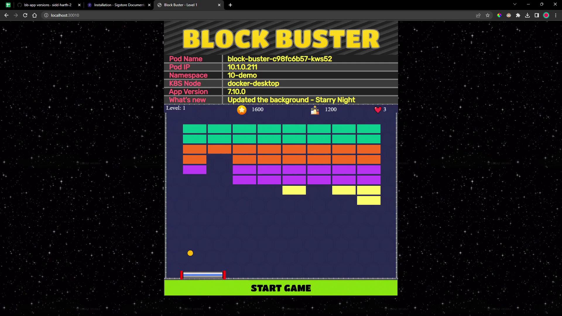 A browser screenshot of a "BLOCK BUSTER" brick‑breaker game showing colored rows of bricks, a paddle and ball, and a header panel with pod/app info. The game area sits on a starry night background with a green "START GAME" button at the bottom.