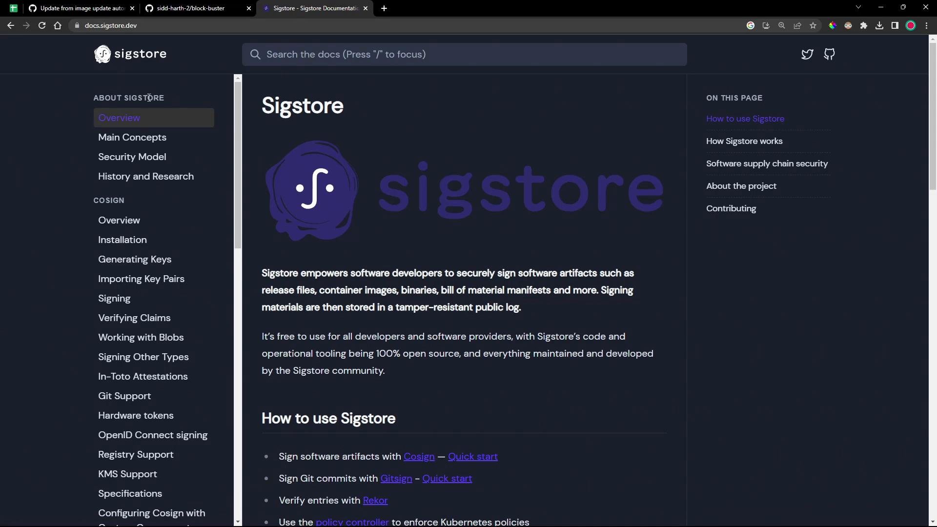 A screenshot of the Sigstore documentation site showing the Sigstore logo and an overview description in the center. A dark-themed layout displays a left navigation menu of topics and a right sidebar with page links.