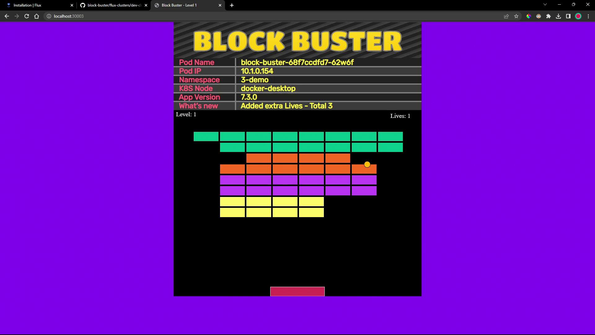 A web screenshot of a "BLOCK BUSTER" breakout-style game showing colored brick rows, a paddle at the bottom and a bouncing ball. The top panel displays pod information like Pod Name, Pod IP, Namespace and app version.