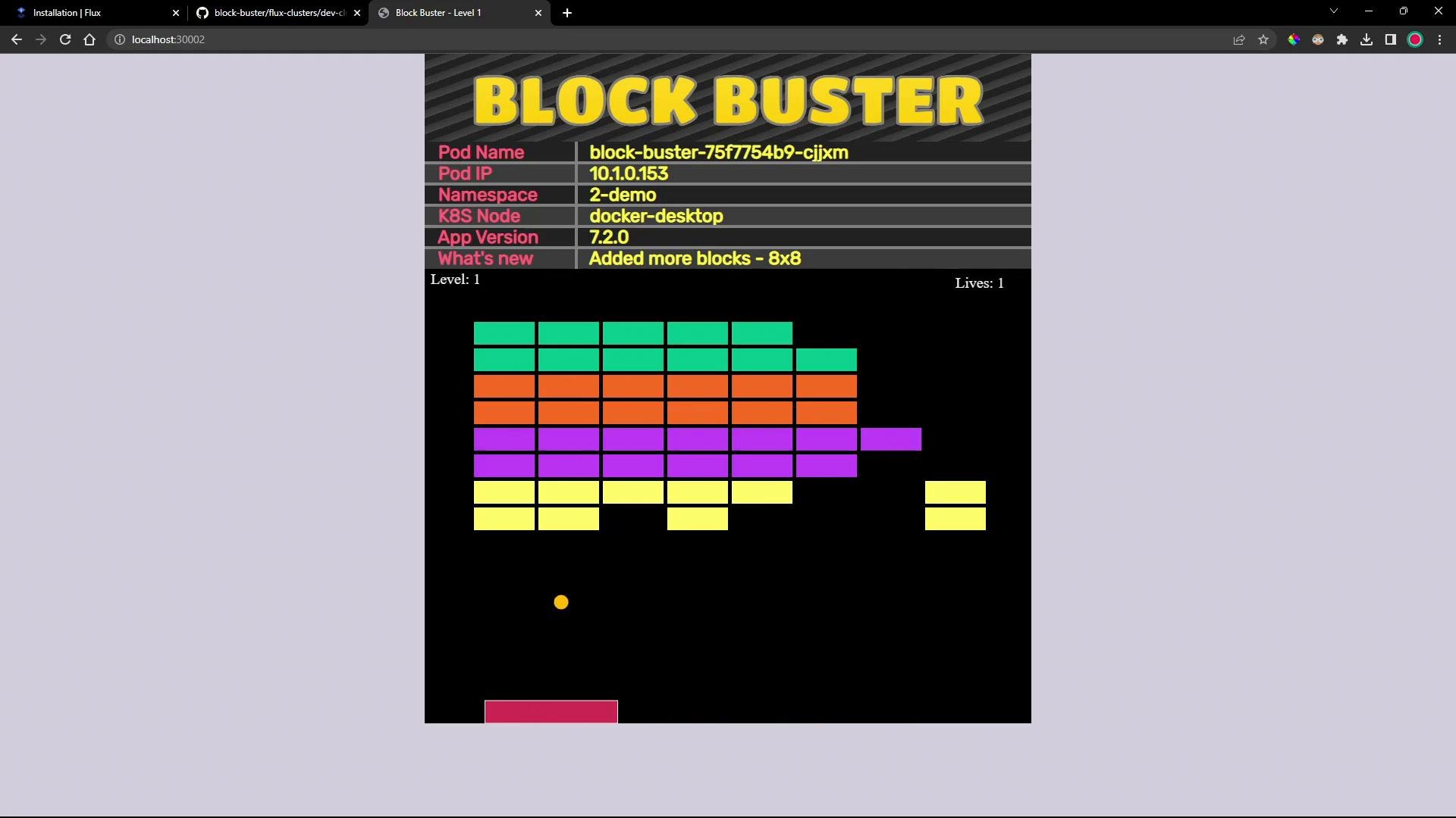 A screenshot of a browser-based Breakout-style game titled "BLOCK BUSTER," showing rows of colored bricks, a paddle at the bottom and a yellow ball in play. Above the game area is a status panel with pod name, pod IP, namespace and app version details.