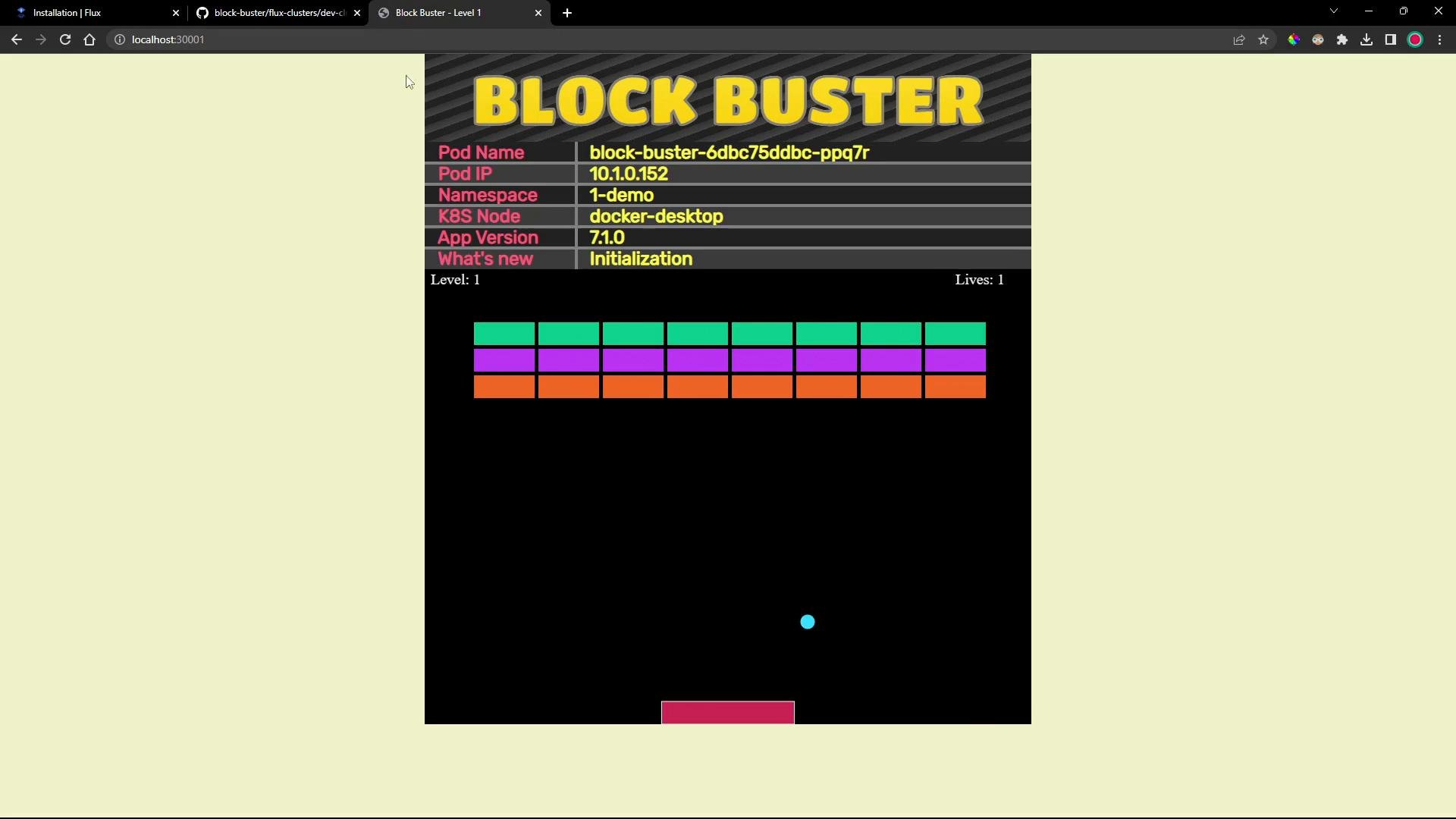 A screenshot of a web-based "BLOCK BUSTER" arcade game showing game info (pod name, IP, namespace, etc.) at the top and a black play area with colorful brick rows, a paddle at the bottom, and a blue ball in play.