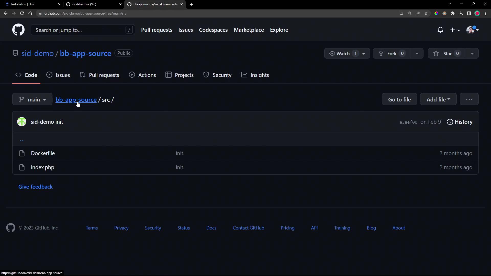 A dark-mode GitHub repository page showing the "sid-demo / bb-app-source" repo's src folder with files Dockerfile and index.php. The header shows the main branch, commit history, and buttons like "Go to file" and "Add file."