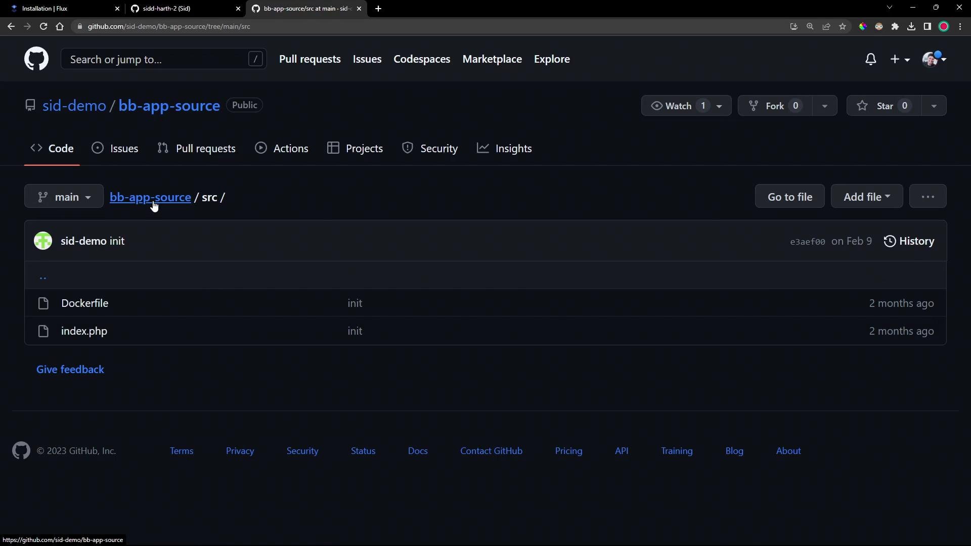 A dark-mode GitHub repository page showing the "sid-demo / bb-app-source" repo's src folder with files Dockerfile and index.php. The header shows the main branch, commit history, and buttons like "Go to file" and "Add file."