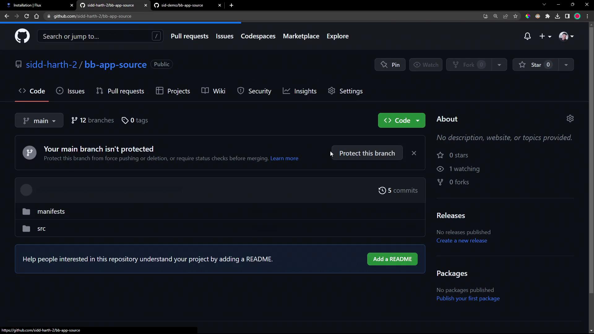 A dark‑mode GitHub repository page for "sidd-harth-2 / bb-app-source" showing the Code tab and the main branch. It lists folders like "manifests" and "src," shows a notice that the main branch isn't protected, and prompts to add a README.