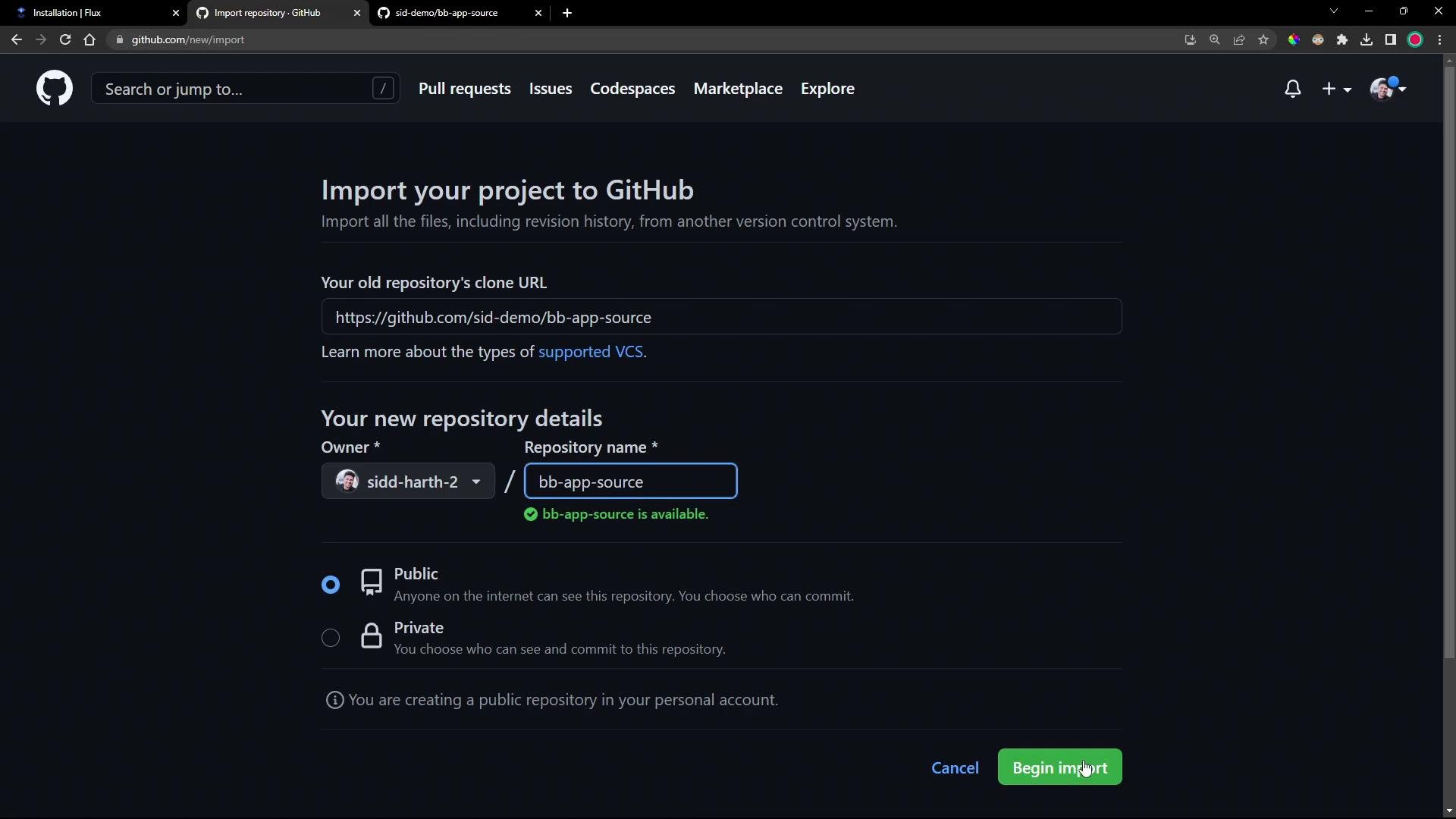 A screenshot of GitHub's "Import your project to GitHub" page showing fields for the old repository clone URL and new repository details (owner and repository name "bb-app-source"), with visibility options and a "Begin import" button. The interface is in dark mode.