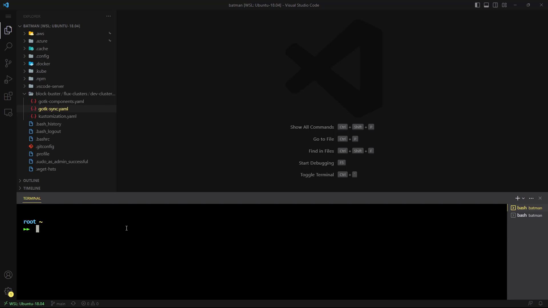 A screenshot of Visual Studio Code connected to WSL (Ubuntu 18.04) showing the file explorer with several config/YAML files on the left and an integrated terminal at the bottom displaying a root prompt. The main editor area shows the VS Code welcome background and command hints.