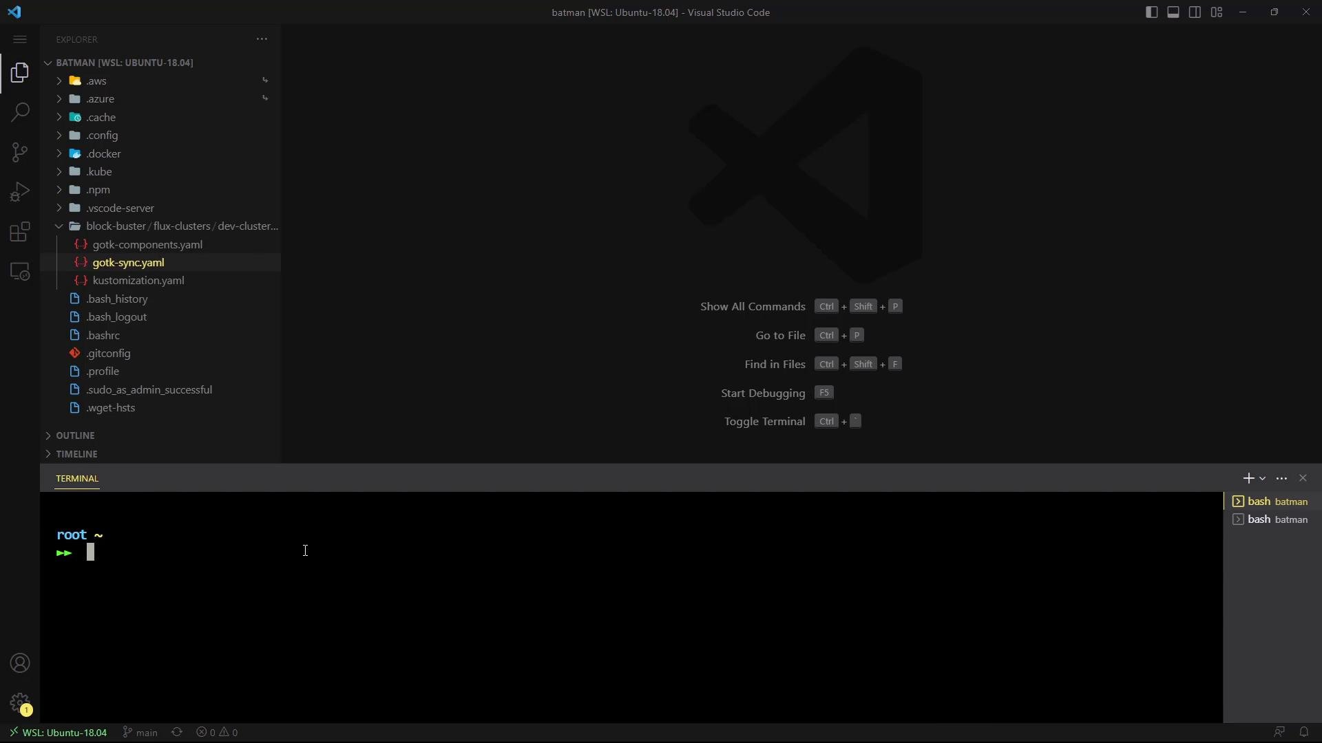 A screenshot of Visual Studio Code connected to WSL (Ubuntu 18.04) showing the file explorer with several config/YAML files on the left and an integrated terminal at the bottom displaying a root prompt. The main editor area shows the VS Code welcome background and command hints.