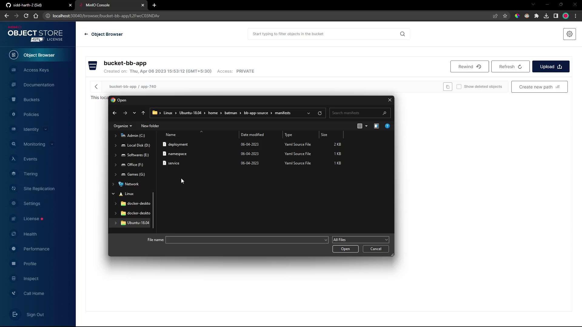 A MinIO Object Store web console showing the "bucket-bb-app" bucket, with an open file dialog overlaid. The dialog displays a "manifests" folder containing YAML files named deployment, namespace, and service.