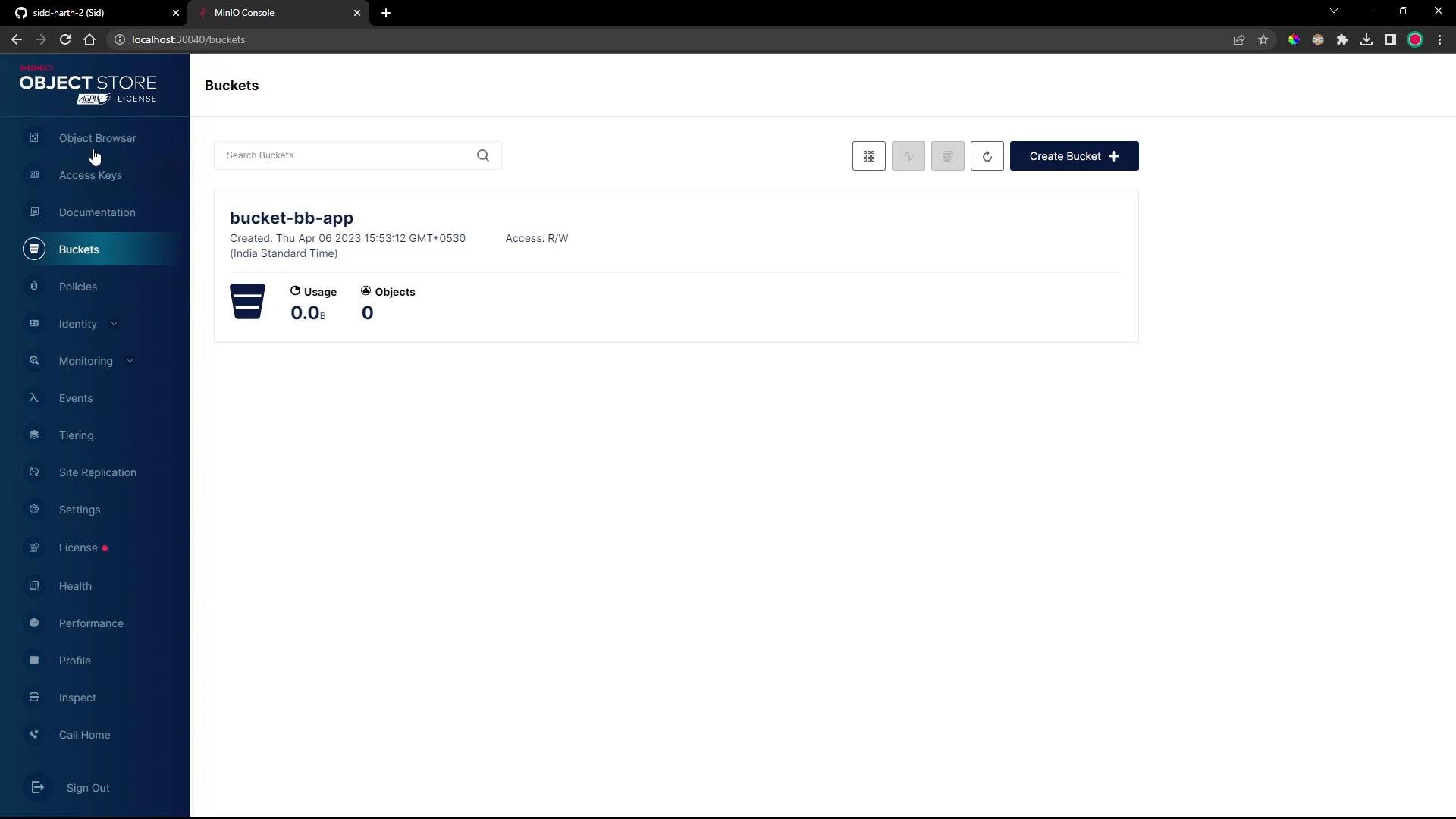 A screenshot of the MinIO Object Store web console on the "Buckets" page showing a single bucket named "bucket-bb-app" with 0 objects and 0 B usage. The left sidebar displays navigation items like Object Browser, Access Keys, Policies, and Settings.