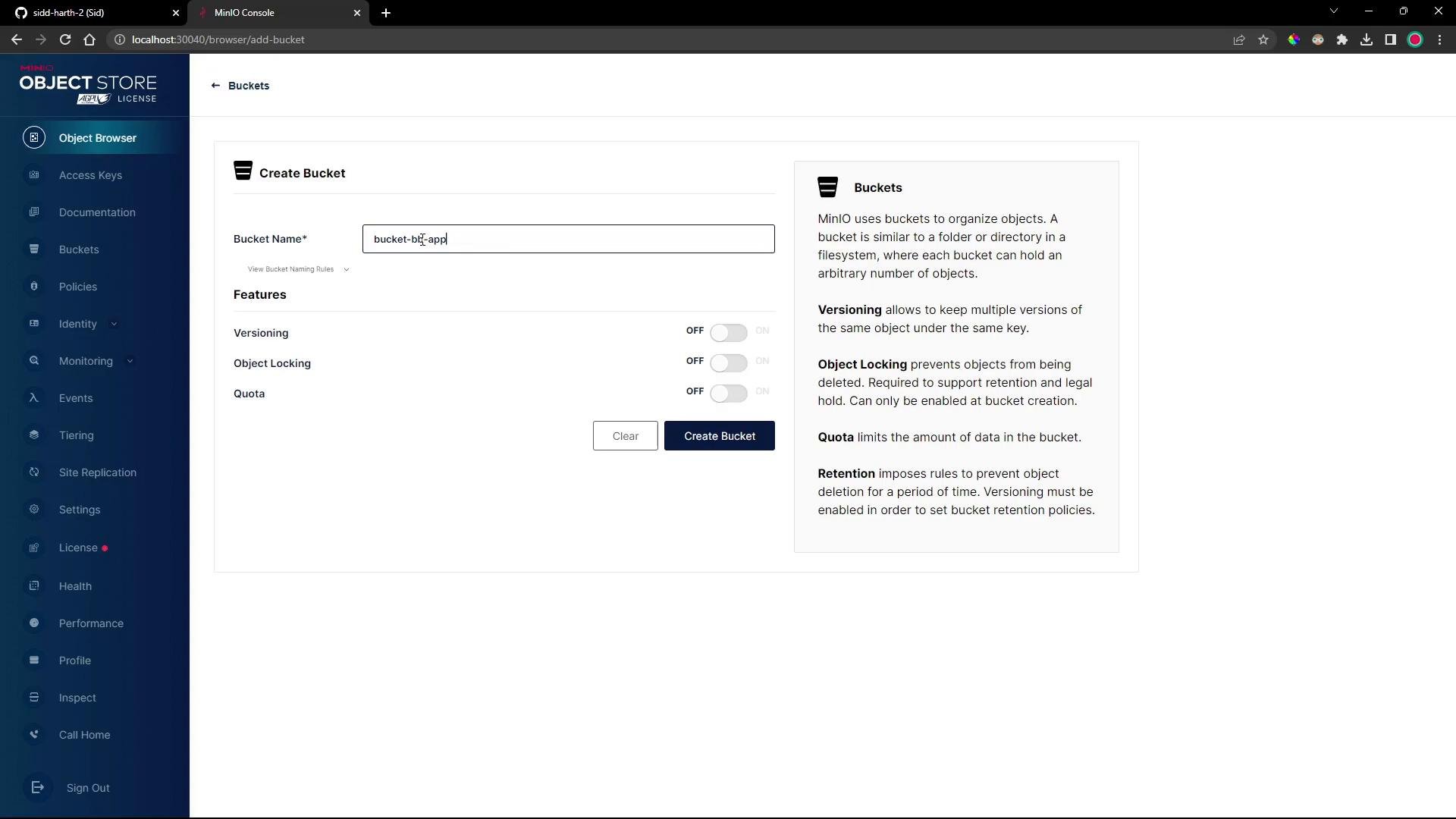 Screenshot of the MinIO Object Store web console showing the "Create Bucket" page with a bucket name field, feature toggles (versioning, object locking, quota) and a Create Bucket button. A left navigation panel lists sections like Object Browser, Access Keys, Buckets, Policies and Settings.