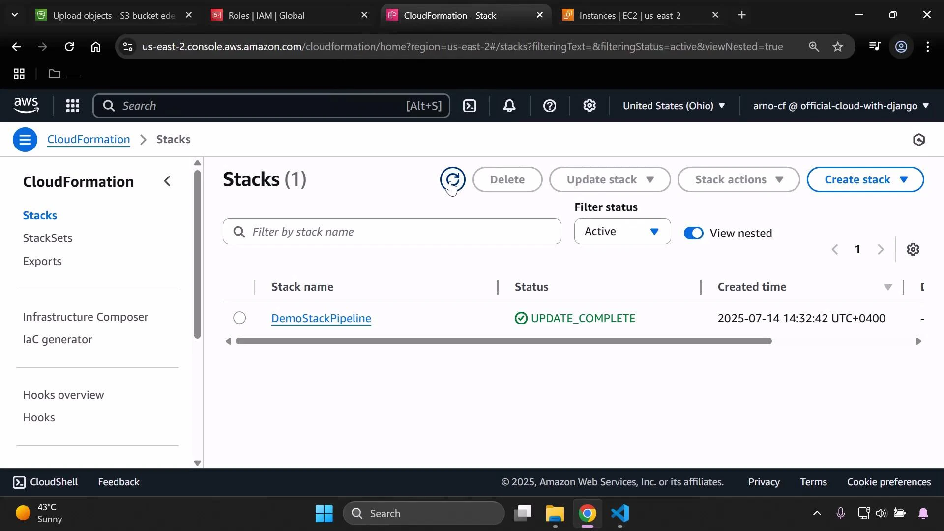 A screenshot of the AWS CloudFormation console showing one stack named "DemoStackPipeline." The stack is marked UPDATE_COMPLETE with a created timestamp (2025-07-14) and the left navigation and toolbar are visible.