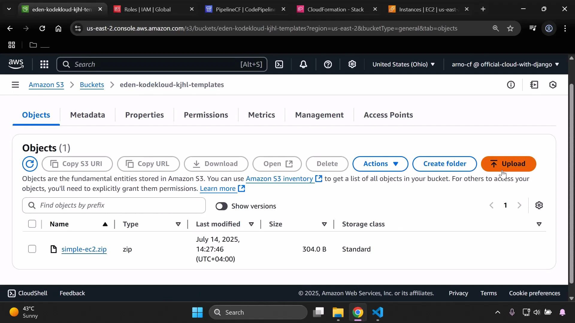 A screenshot of the Amazon S3 console showing the "eden-kodekloud-kjhl-templates" bucket's Objects tab. It lists one object, "simple-ec2.zip" (304.0 B, last modified July 14, 2025), with action buttons like Upload and Create folder visible.