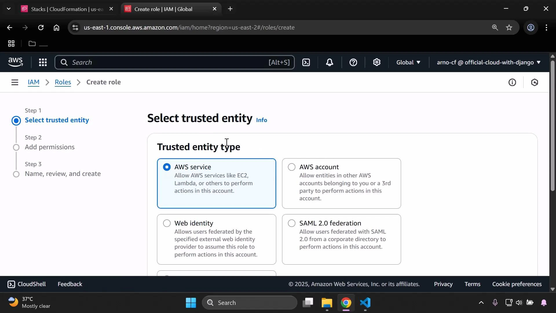 A screenshot of the AWS IAM "Create role" page on the "Select trusted entity" step, with the "AWS service" option selected among other choices like AWS account, Web identity, and SAML 2.0. The browser window and system taskbar are also visible.