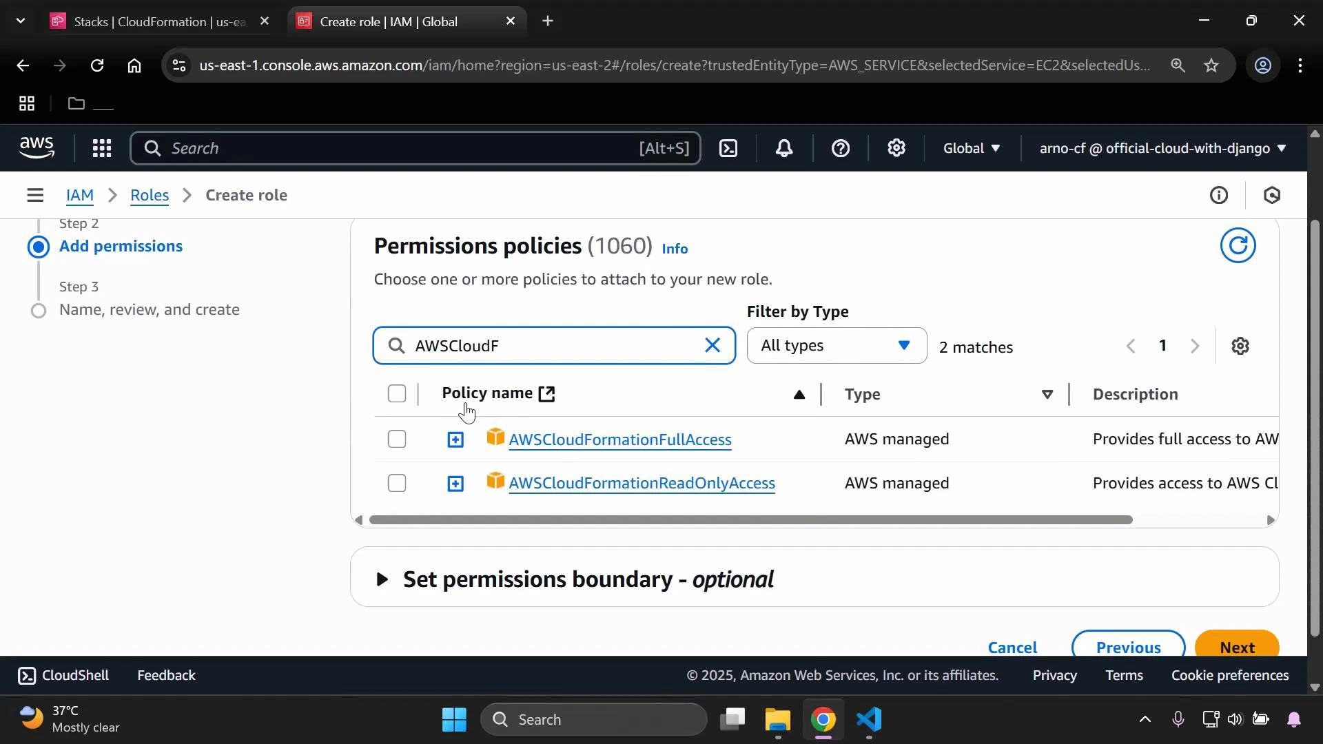 A screenshot of the AWS IAM "Create role" console focused on the "Permissions policies" step, showing a search for "AWSCloudF" and two matching AWS-managed policies: AWSCloudFormationFullAccess and AWSCloudFormationReadOnlyAccess. The UI includes navigation steps, filter options, and Next/Previous buttons.