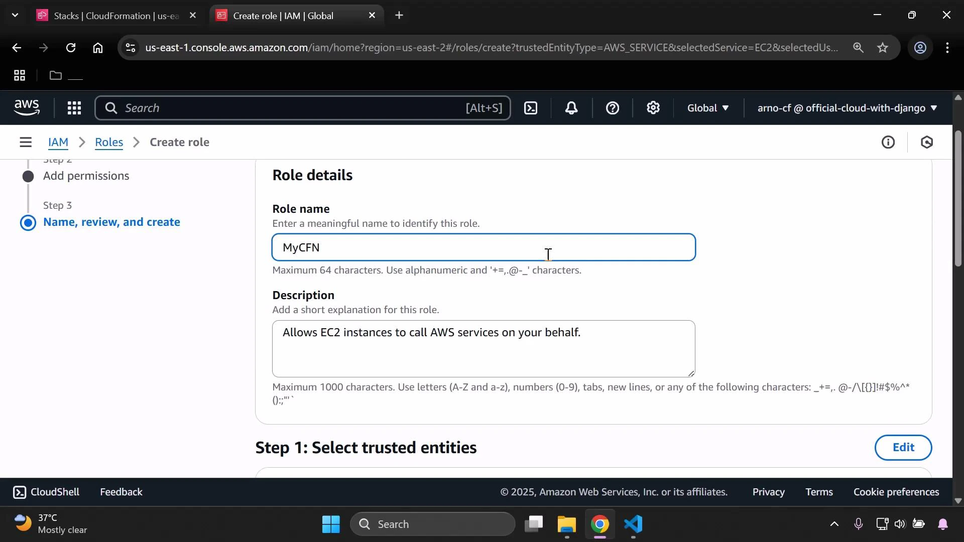 A screenshot of the AWS IAM console on the "Create role" page showing Role details with the role name "MyCFN" and a description that says "Allows EC2 instances to call AWS services on your behalf." The left sidebar highlights Step 3: "Name, review, and create."