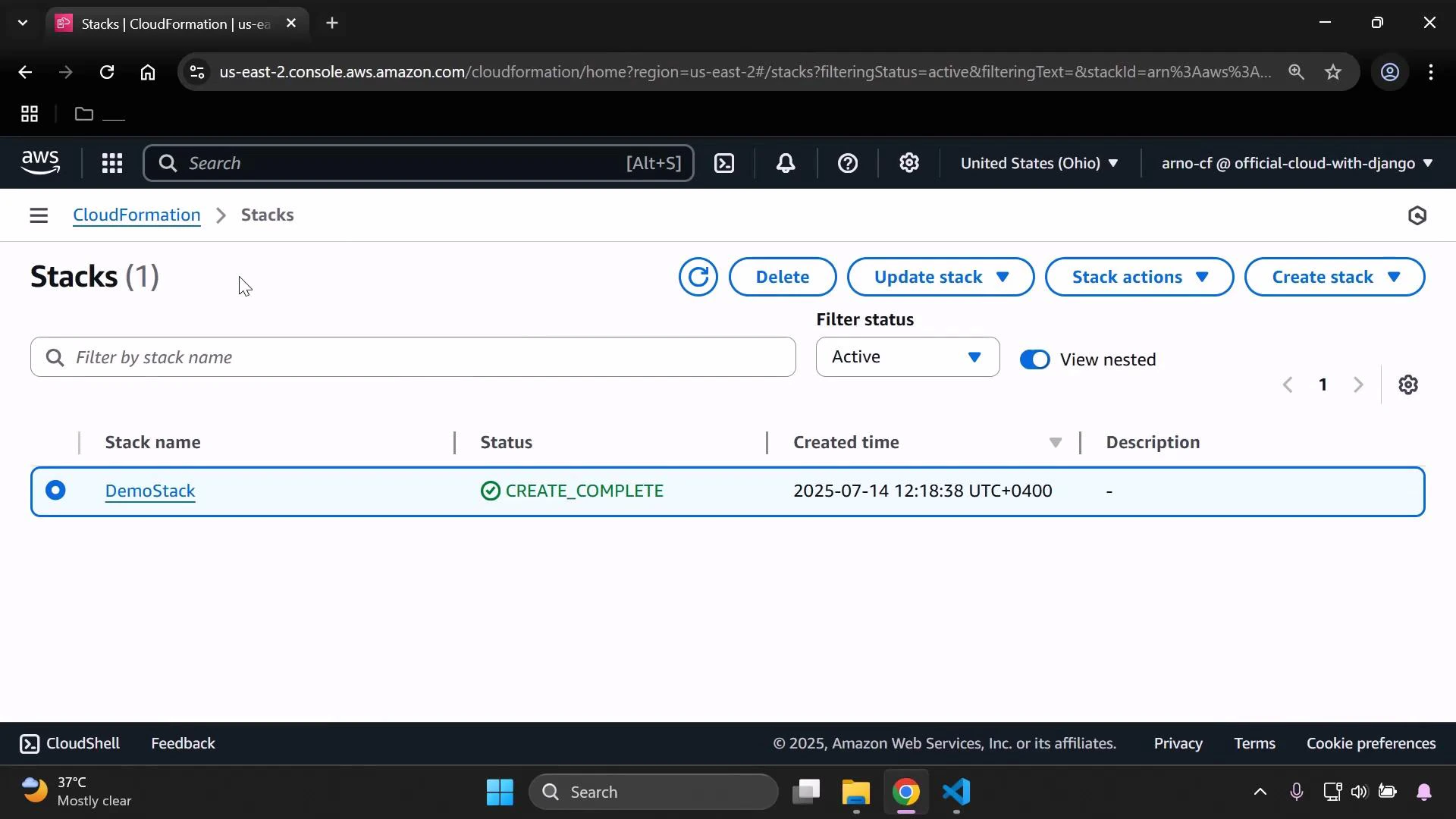 An AWS CloudFormation Stacks console screen showing one stack named
"DemoStack" with status "CREATE_COMPLETE." The stack's created time is listed
as 2025-07-14 12:18:38
UTC+0400.
