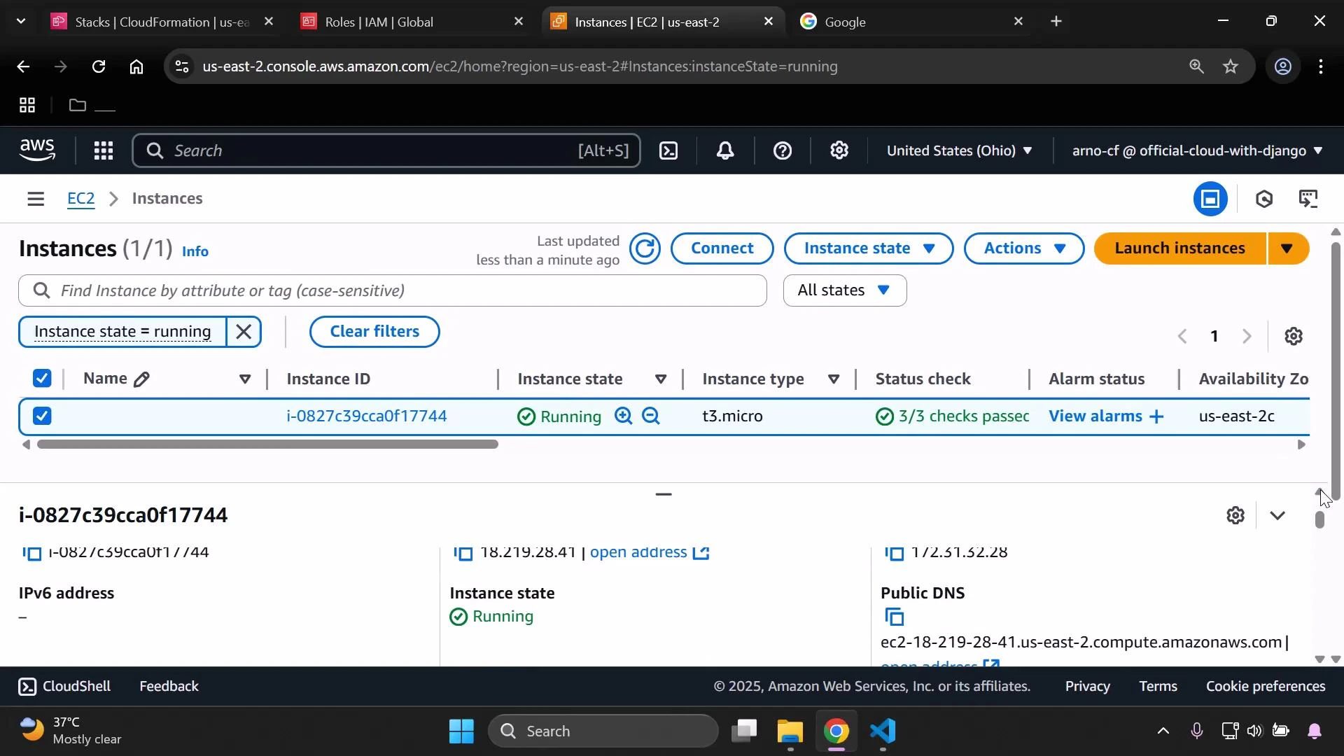 A screenshot of the AWS EC2 Instances console showing a single running
t3.micro instance (i-0827c39cca0f17744) in the us-east-2 region with 3/3
status checks passed. The top bar shows controls like Connect, Instance state,
Actions, and Launch
instances.