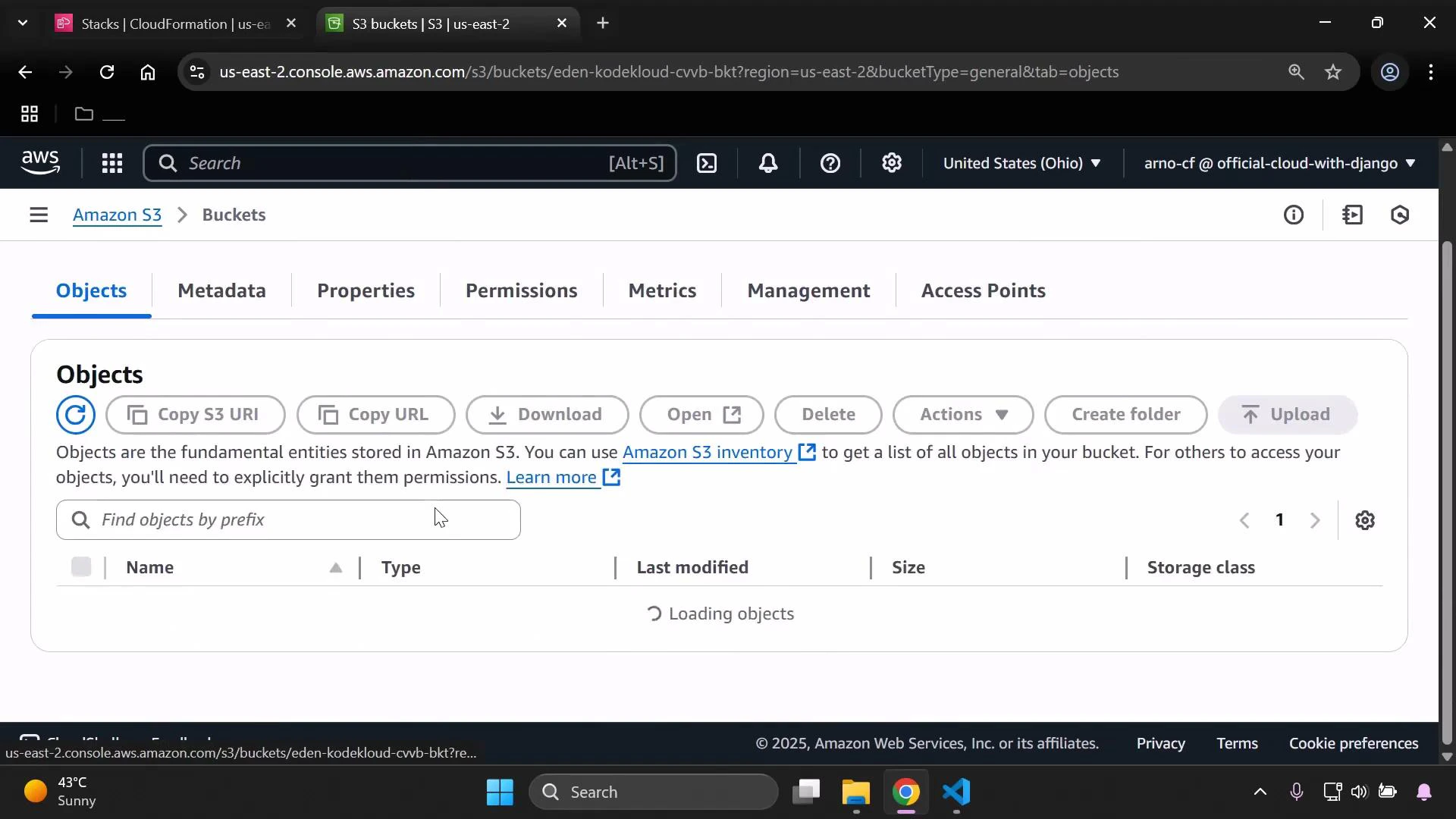 A screenshot of the Amazon S3 console open to a bucket's Objects tab, showing toolbar buttons (Copy S3 URI/URL, Download, Open, Delete, Create folder, Upload) and a message indicating it's loading objects.