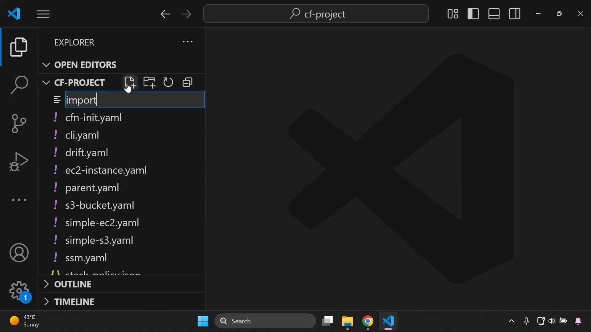 A Visual Studio Code window showing the Explorer for a workspace named "CF-PROJECT", listing several YAML files (cfn-init.yaml, cli.yaml, ec2-instance.yaml, etc.). The file list has an input field with "import" typed in.