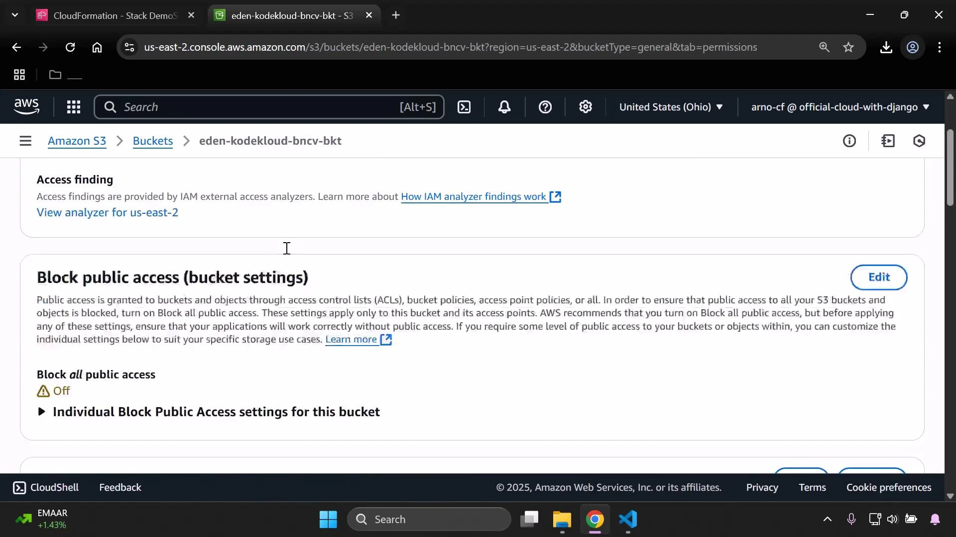 A screenshot of the AWS S3 console showing the bucket "eden-kodekloud-bncv-bkt." The "Block public access (bucket settings)" panel is displayed with "Block all public access" set to Off and an Edit button.