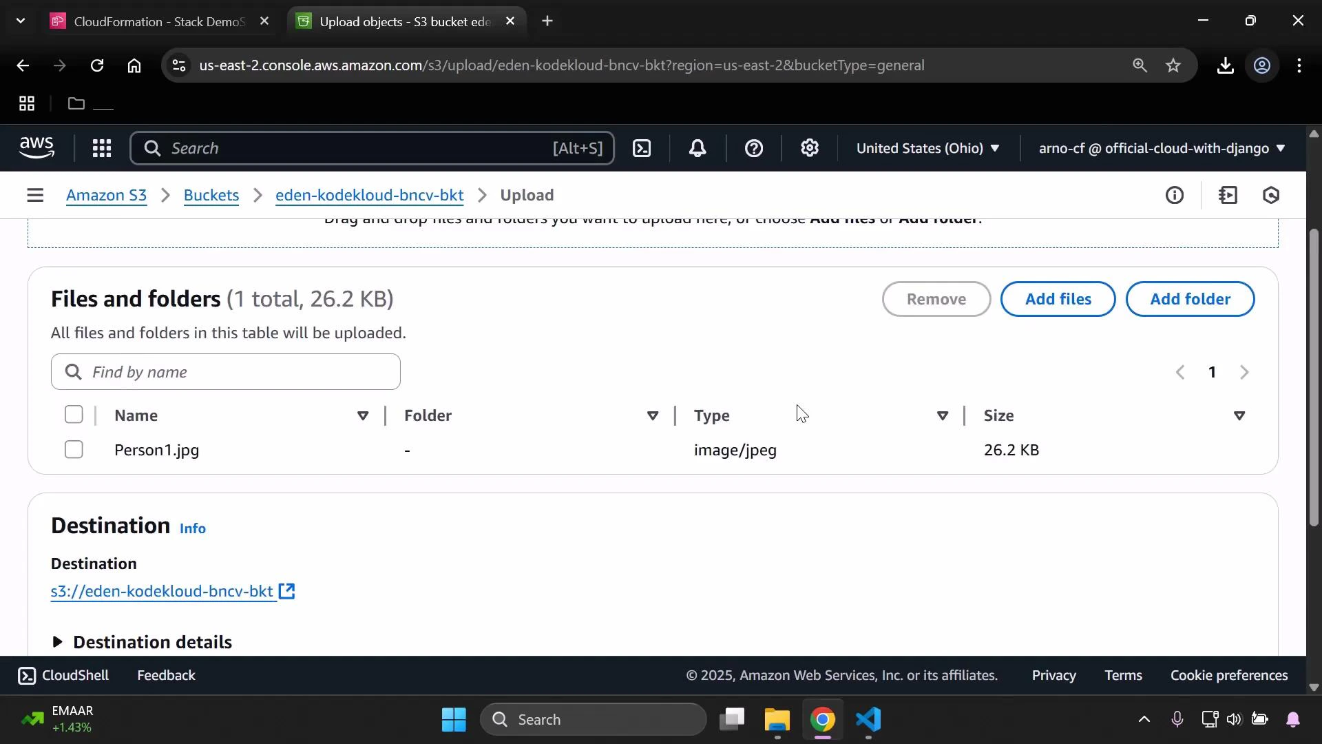 A screenshot of the AWS S3 console's Upload page showing one file (Person1.jpg, 26.2 KB) queued for upload to the bucket "eden-kodekloud-bncv-bkt", with buttons to add files or folders. The page also displays destination details and navigation/header elements for the AWS console.