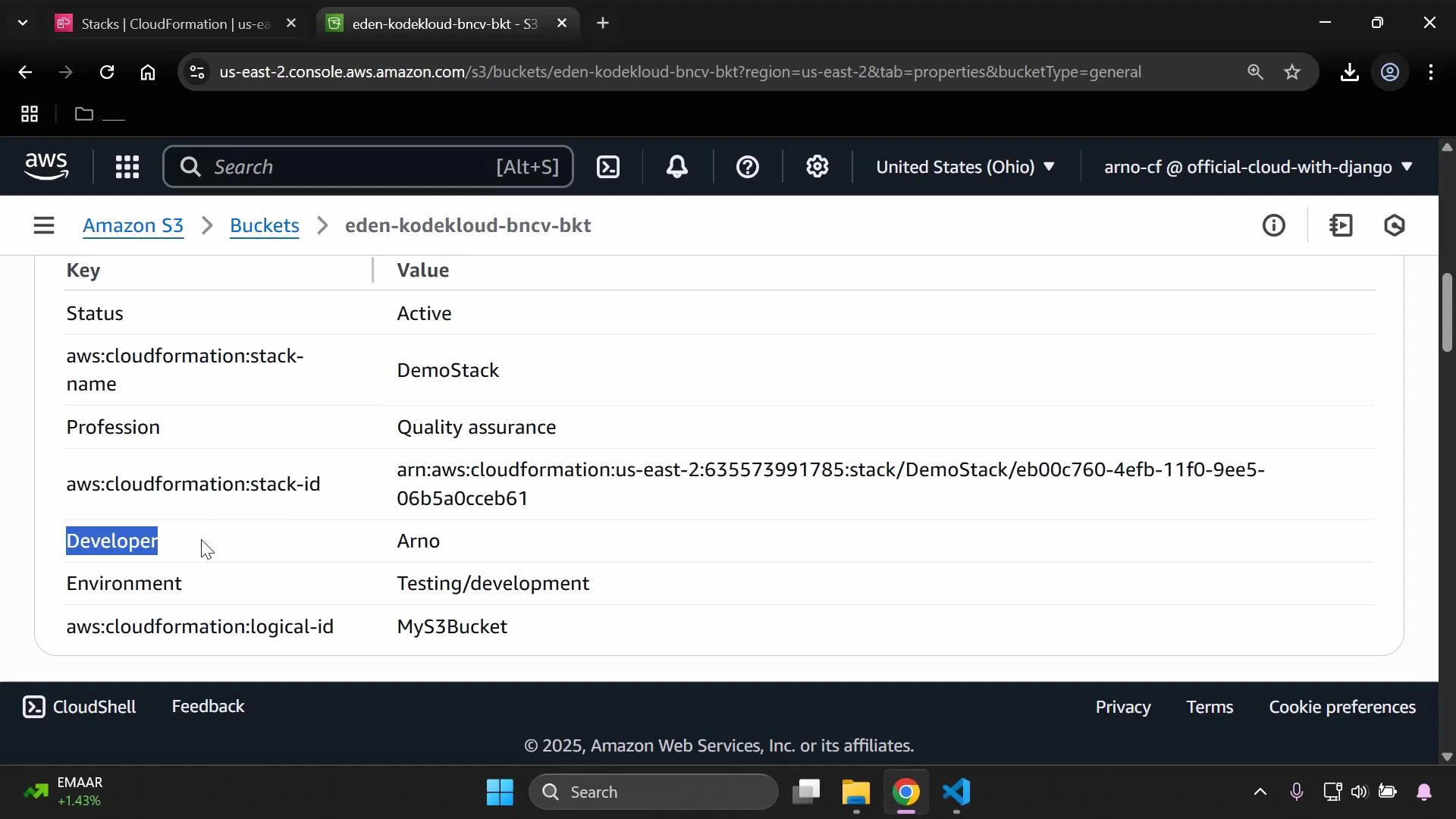 A screenshot of the AWS S3 console showing the properties/tags for a bucket (eden-kodekcloud-bncv-bkt). The table lists key-value tags such as Status: Active, aws:cloudformation:stack-name: DemoStack, Profession: Quality assurance, Developer: Arno, Environment: Testing/development, and aws:cloudformation:logical-id: MyS3Bucket.
