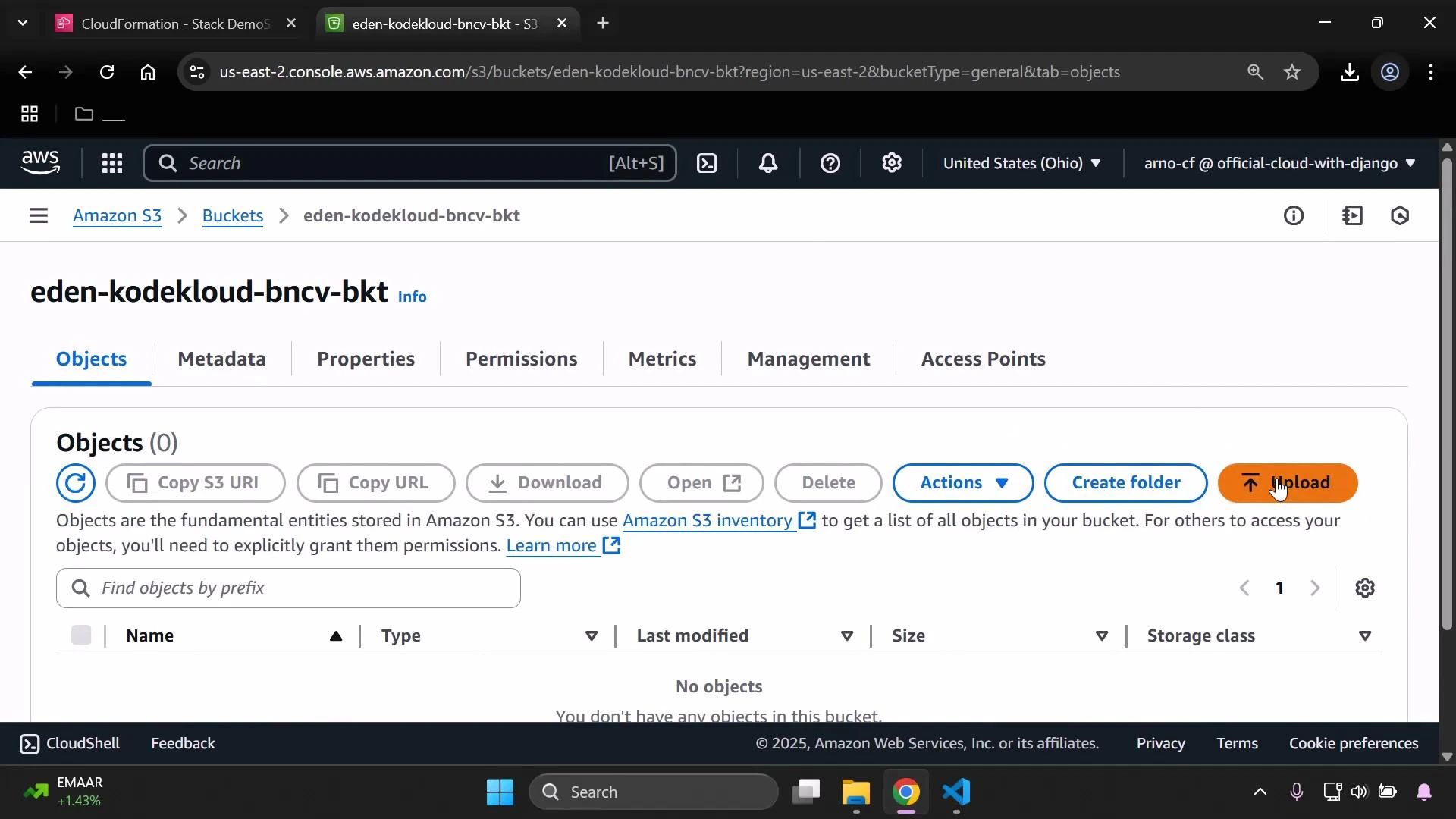 A screenshot of the Amazon S3 console opened to the bucket "eden-kodekloud-bncv-bkt" on the Objects tab. The bucket shows no objects and displays controls like Upload, Create folder, Copy URL, and Actions.