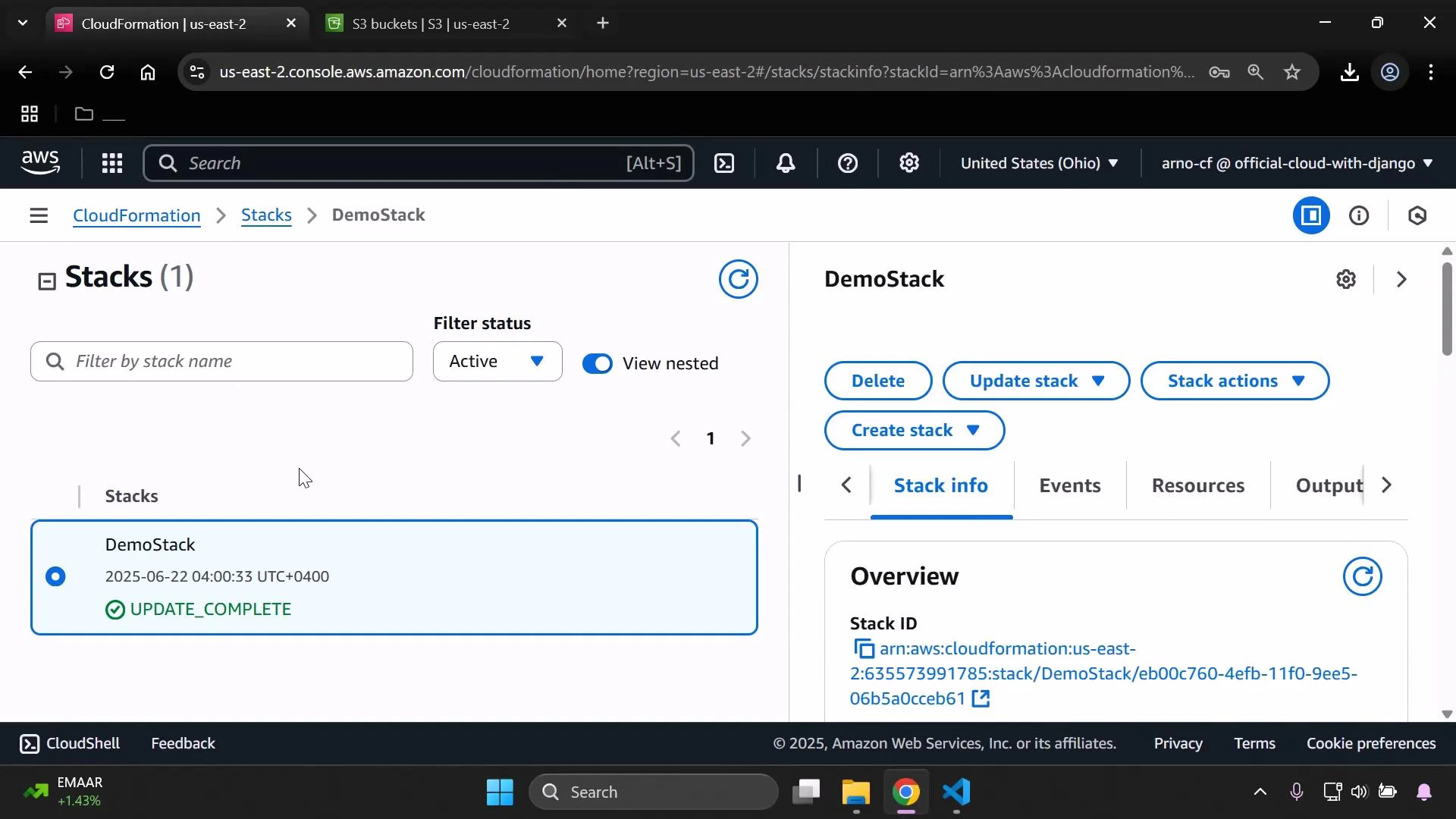 A screenshot of the AWS CloudFormation console showing a single stack named "DemoStack" with status "UPDATE_COMPLETE." The right panel shows action buttons (Delete, Update stack, Create stack) and the Stack info/Overview including the stack ARN.