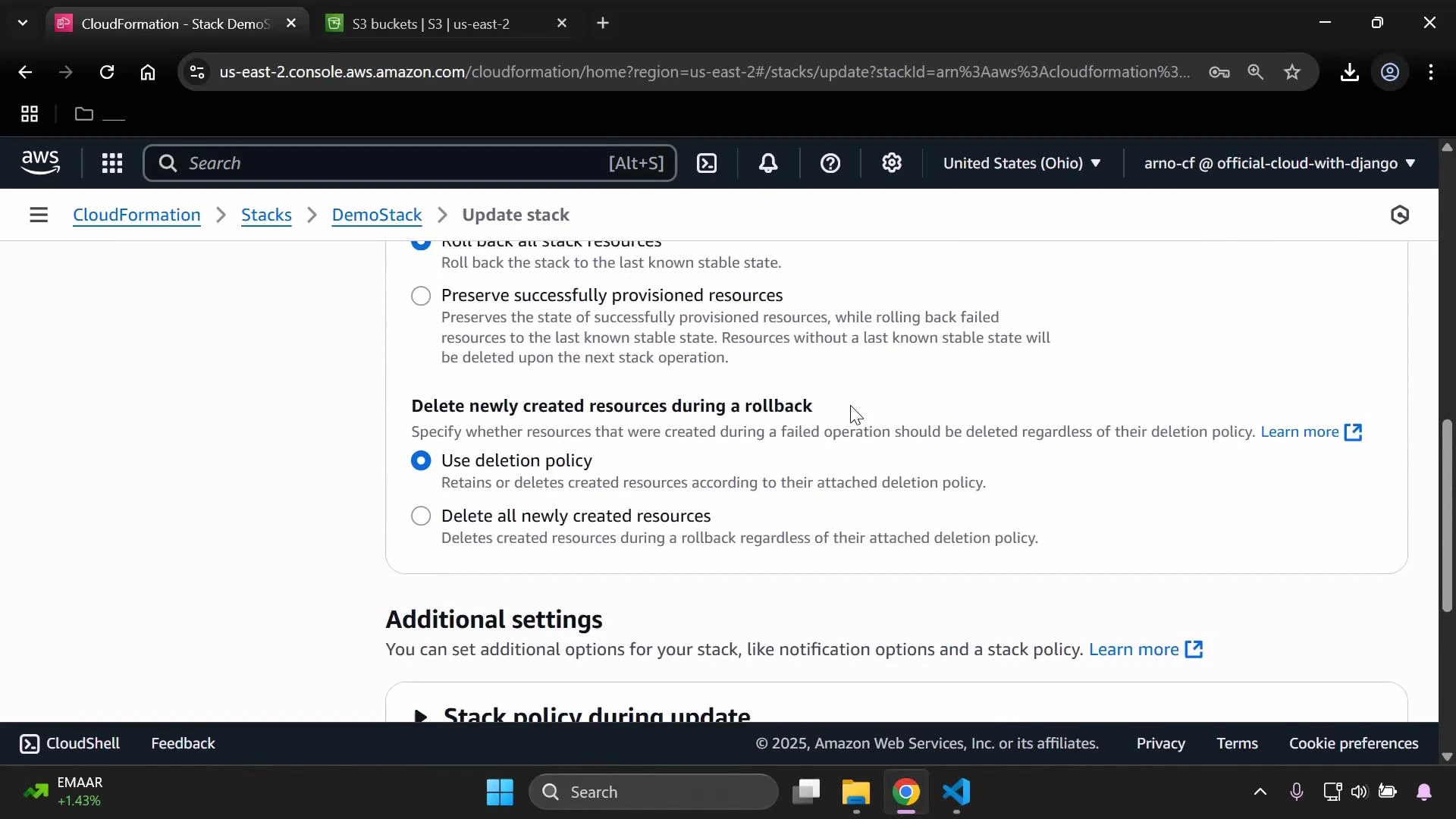 A screenshot of the AWS CloudFormation console on the "Update stack" page. It shows rollback/delete options—"Use deletion policy" is selected for deleting newly created resources—and an "Additional settings" section below.