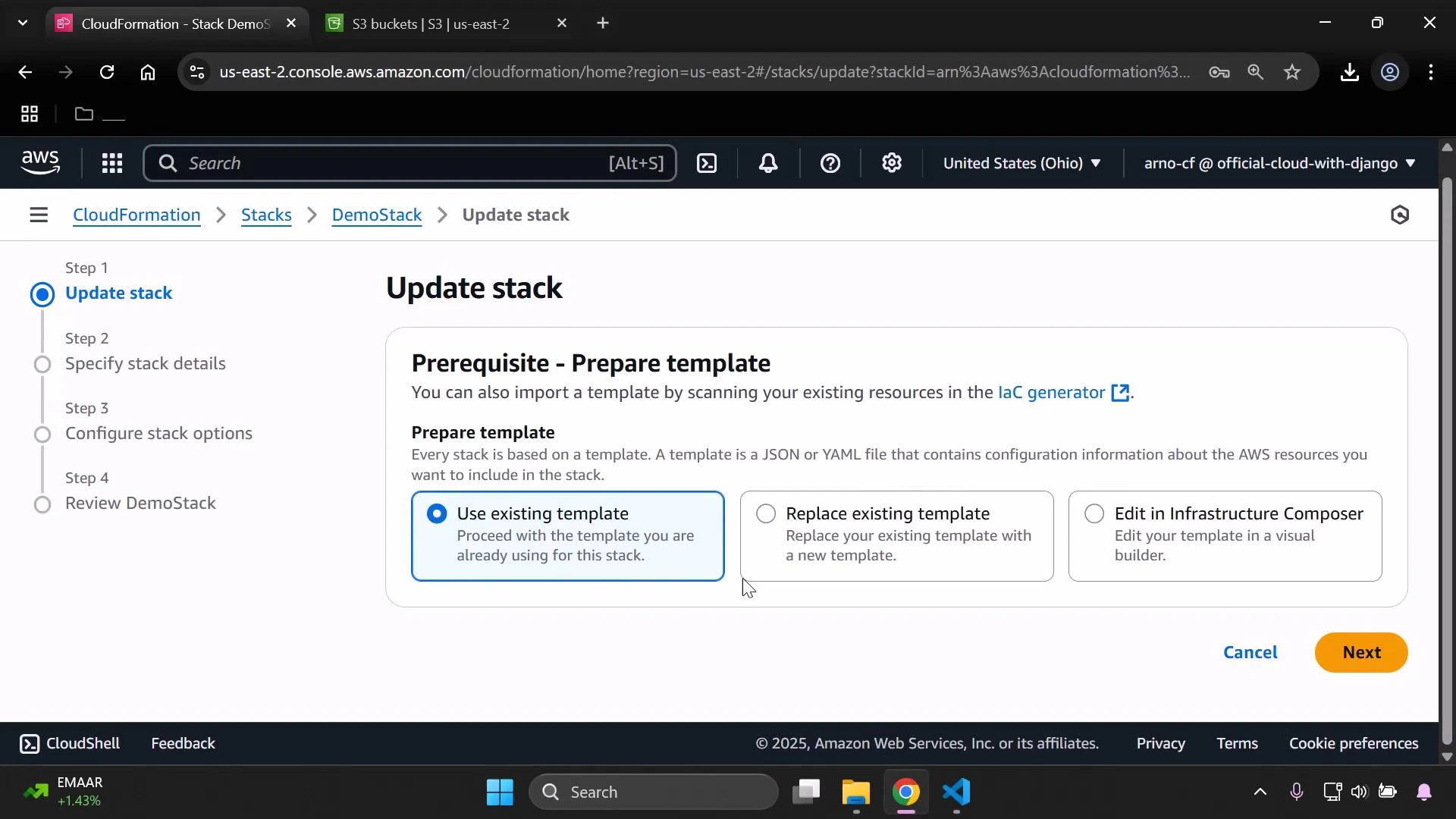A screenshot of the AWS CloudFormation "Update stack" page showing the "Prerequisite - Prepare template" step, with the "Use existing template" option selected and other choices to replace or edit the template. The left pane shows the multi-step update workflow (Specify details, Configure options, Review).