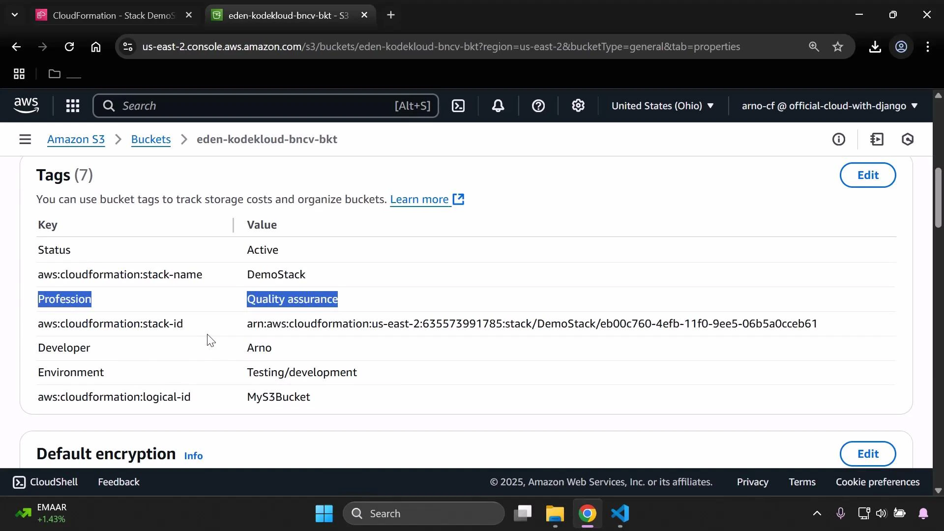 A screenshot of an AWS S3 bucket properties page showing the Tags table for the bucket "eden-kodekloud-bncv-bkt." Tag entries visible include Status: Active; aws:cloudformation:stack-name: DemoStack; Profession: Quality assurance; Developer: Arno; and Environment: Testing/development.