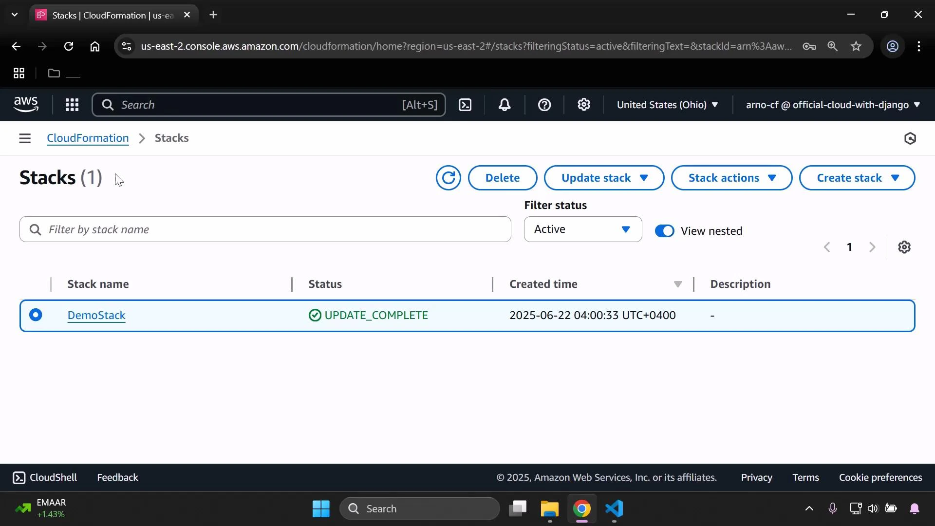 A screenshot of the AWS CloudFormation "Stacks" console listing a single stack named "DemoStack" with status "UPDATE_COMPLETE" and its created time. The page shows controls like Delete, Update stack, Stack actions, and a region selector (United States - Ohio).