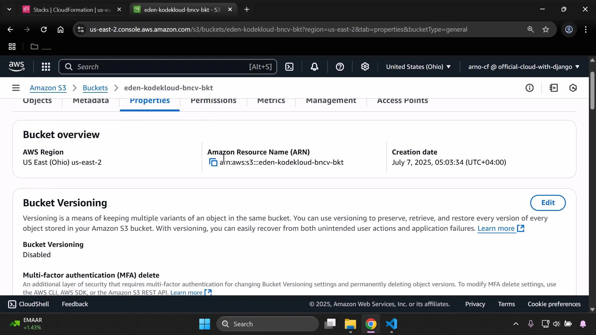 A screenshot of the AWS S3 console showing the Properties tab for an S3 bucket named "eden-kodekloud-bncv-bkt." It displays the bucket region (US East – Ohio), the bucket ARN, the creation date (July 7, 2025) and that bucket versioning is disabled.