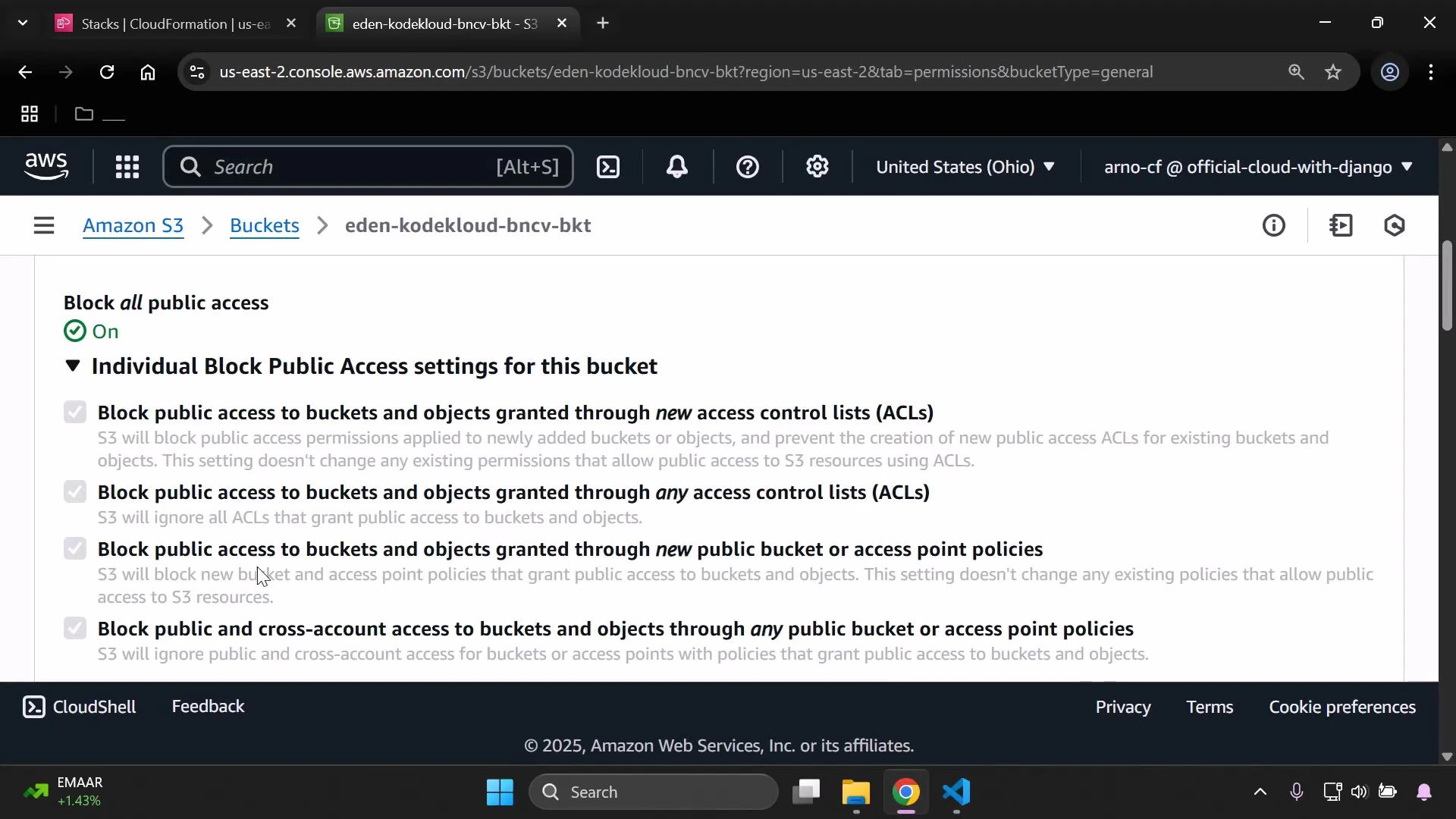 A screenshot of the Amazon S3 bucket permissions page showing "Block all public access: On" and the individual block public access settings. The page lists checked options for blocking public access via ACLs and bucket/access point policies.
