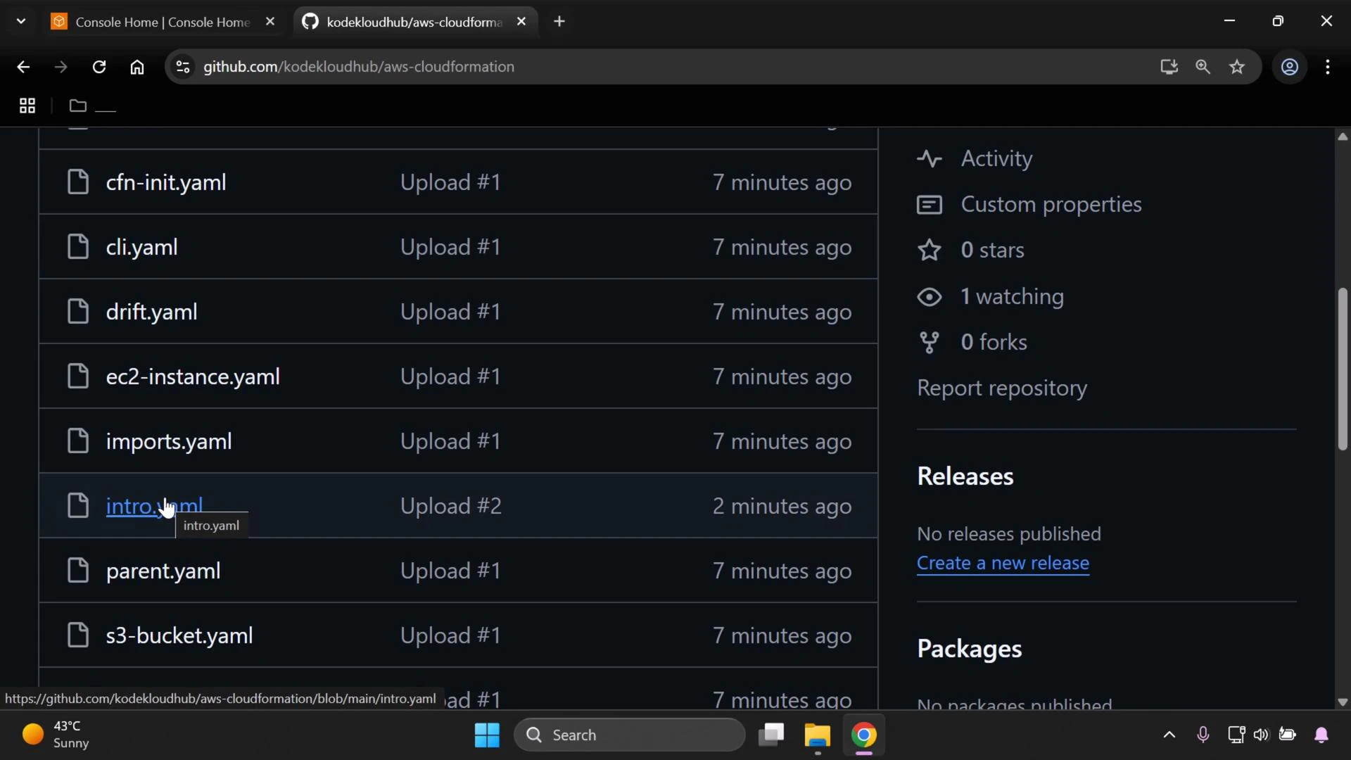 A dark-themed screenshot of a GitHub repository showing a file list of CloudFormation YAML files (cfn-init.yaml, cli.yaml, drift.yaml, ec2-instance.yaml, imports.yaml, intro.yaml, parent.yaml, s3-bucket.yaml). The right sidebar shows repository activity, watchers/forks info and a Releases section.