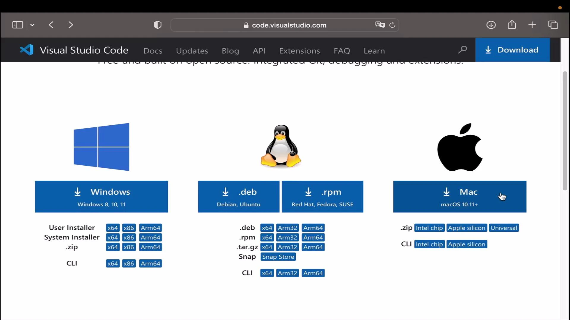 A Visual Studio Code download page screenshot showing three columns for Windows, Linux (Tux penguin) and Mac with large OS icons and blue buttons for different installer types. Each column lists available packages and architectures (x64, Arm64, .deb, .rpm, etc.).