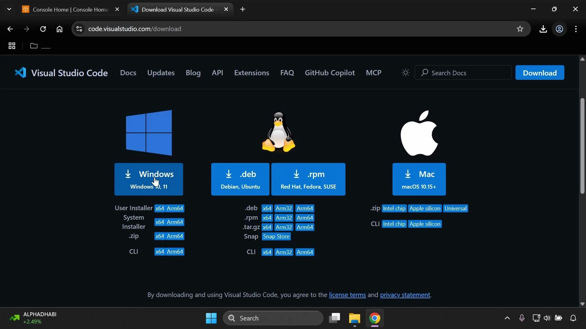 A screenshot of the Visual Studio Code download page showing big download buttons for Windows, Linux (.deb/.rpm) and Mac with their respective icons and architecture options. The browser window and Windows taskbar are also visible.