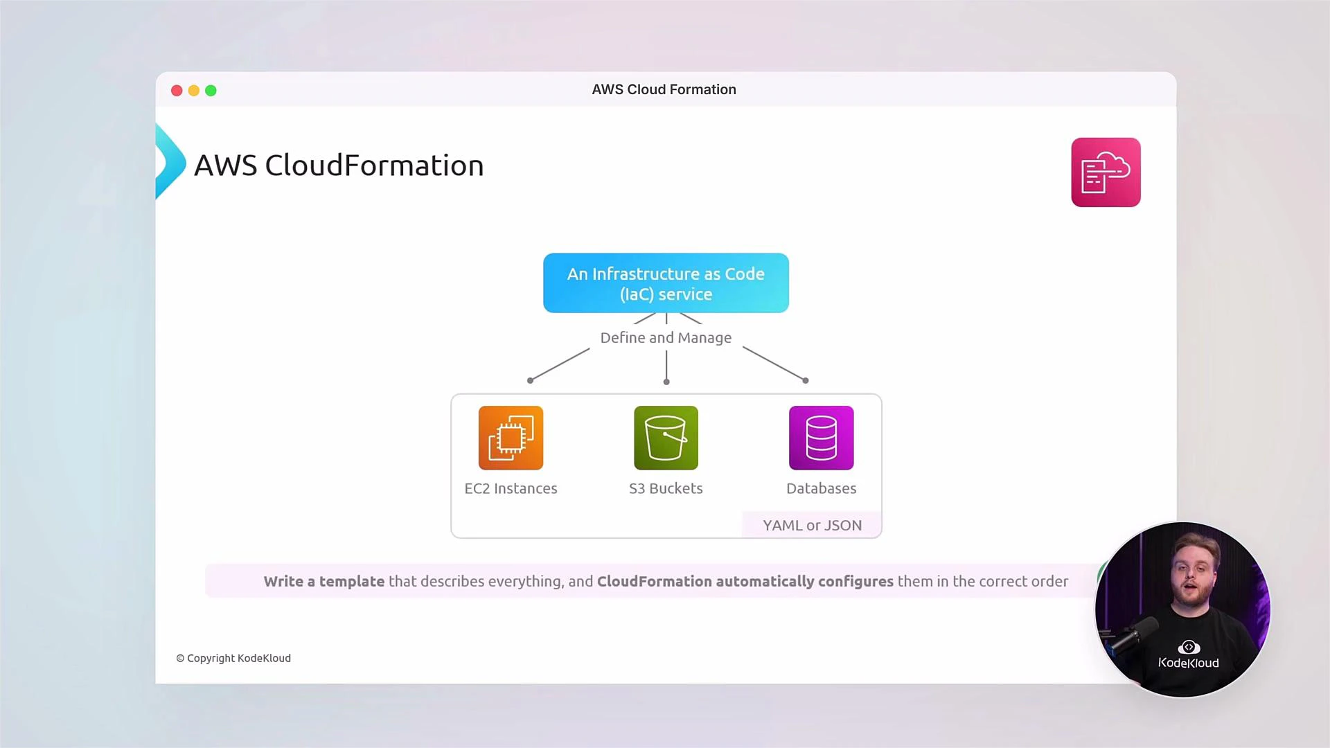 A presentation slide titled "AWS CloudFormation" showing a diagram that describes CloudFormation as an Infrastructure-as-Code service that defines and manages EC2 instances, S3 buckets, and databases (YAML/JSON). A small circular video of a presenter appears in the bottom-right.