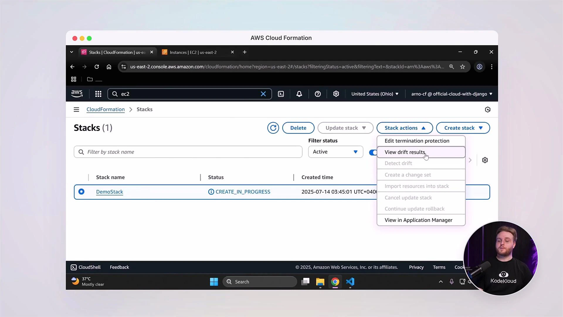 A screenshot of the AWS CloudFormation console showing a stack named "DemoStack" with status CREATE_IN_PROGRESS and the "Stack actions" menu open. A small circular video overlay of a presenter appears in the bottom-right.