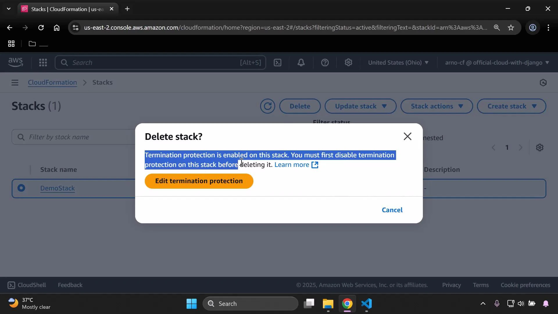 A screenshot of the AWS CloudFormation console showing a "Delete stack?" dialog that warns termination protection is enabled and prompts you to disable it first. The background shows a stack named "DemoStack" and an orange "Edit termination protection" button.