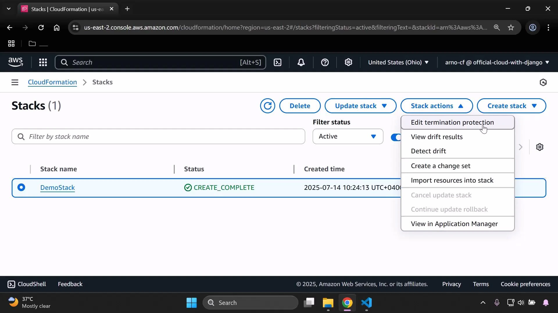 A screenshot of the AWS CloudFormation "Stacks" console showing one stack named "DemoStack" with status CREATE_COMPLETE and its created time. The "Stack actions" dropdown is open, listing options like "Edit termination protection," "View drift results," and "Detect drift."