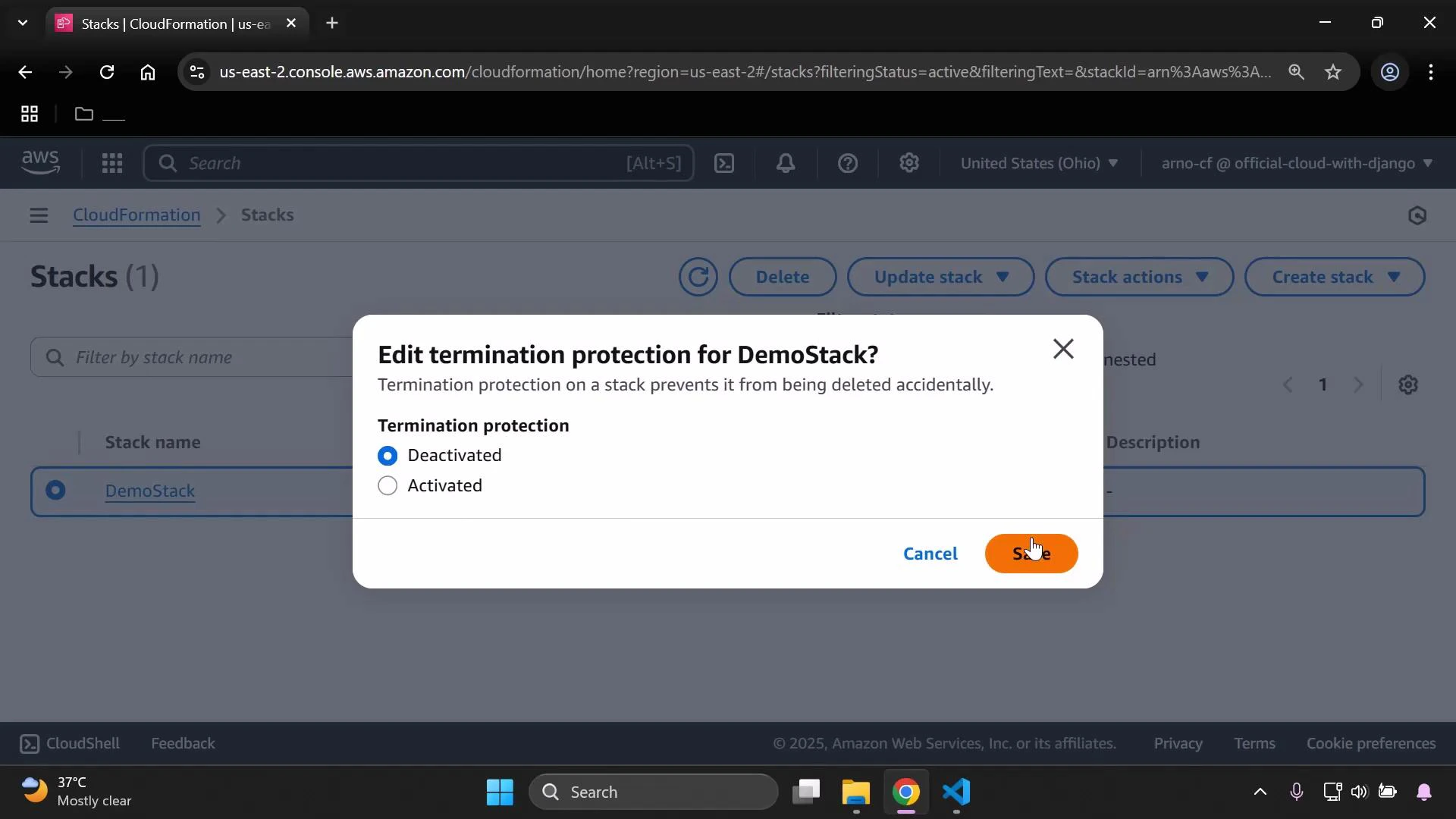 A screenshot of the AWS CloudFormation console showing a dialog titled "Edit termination protection for DemoStack?" with radio options for Deactivated (selected) and Activated. The modal explains termination protection prevents accidental deletion and the Save button is being clicked.
