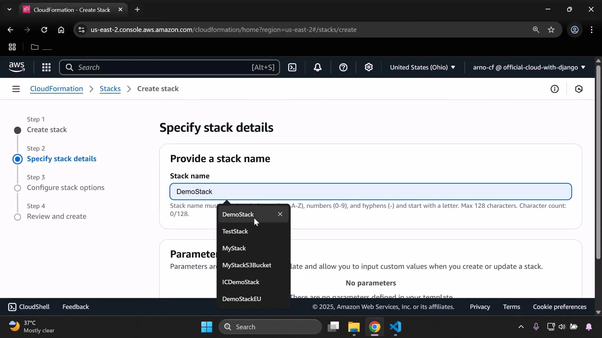 A screenshot of the AWS CloudFormation console on the "Specify stack details" step, showing the "Stack name" field filled with "DemoStack" and an open suggestion list of other stack names. The left sidebar shows the multi-step wizard (Create stack → Specify stack details → Configure stack options → Review and create).