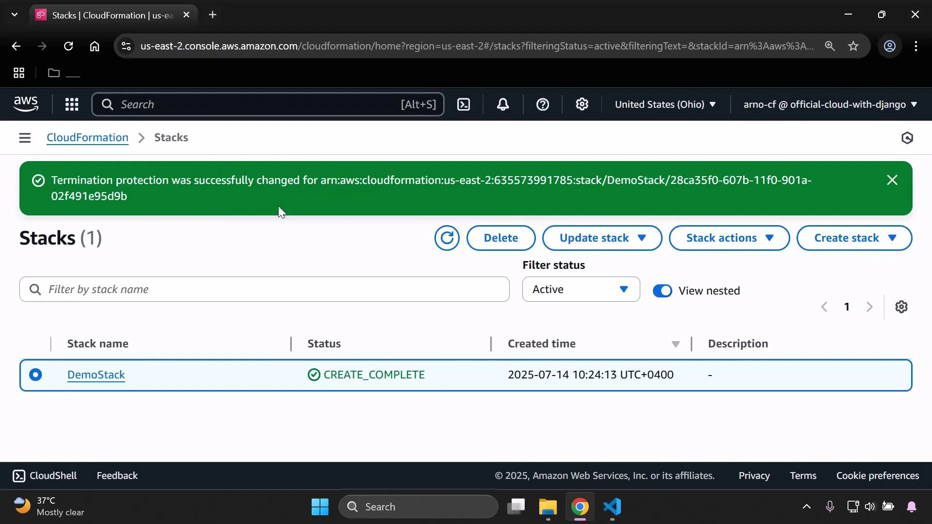 A screenshot of the AWS CloudFormation "Stacks" console with a green success banner saying termination protection was changed. The page shows one stack named "DemoStack" with status CREATE_COMPLETE and its creation timestamp.