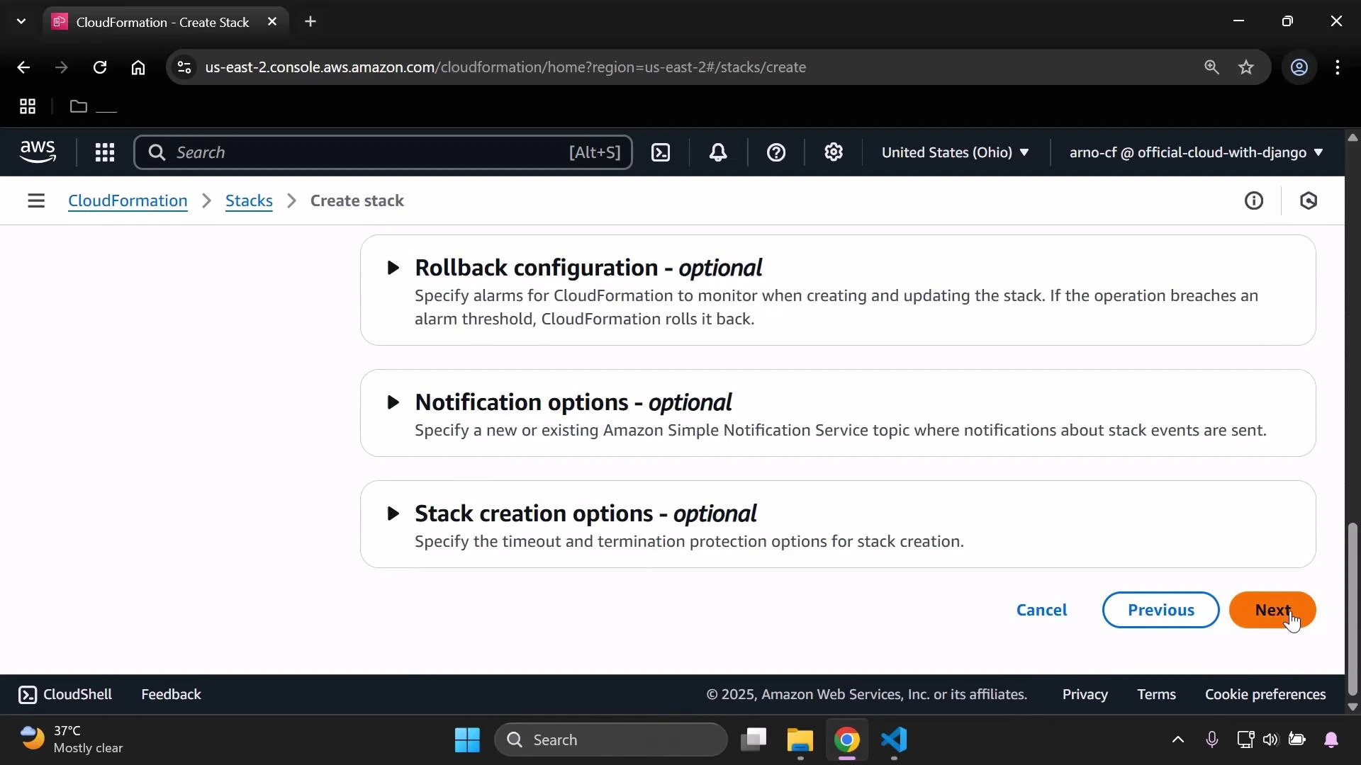A screenshot of the AWS CloudFormation "Create stack" page showing optional sections for Rollback configuration, Notification options, and Stack creation options. A cursor is hovering over an orange "Next" button at the bottom right.